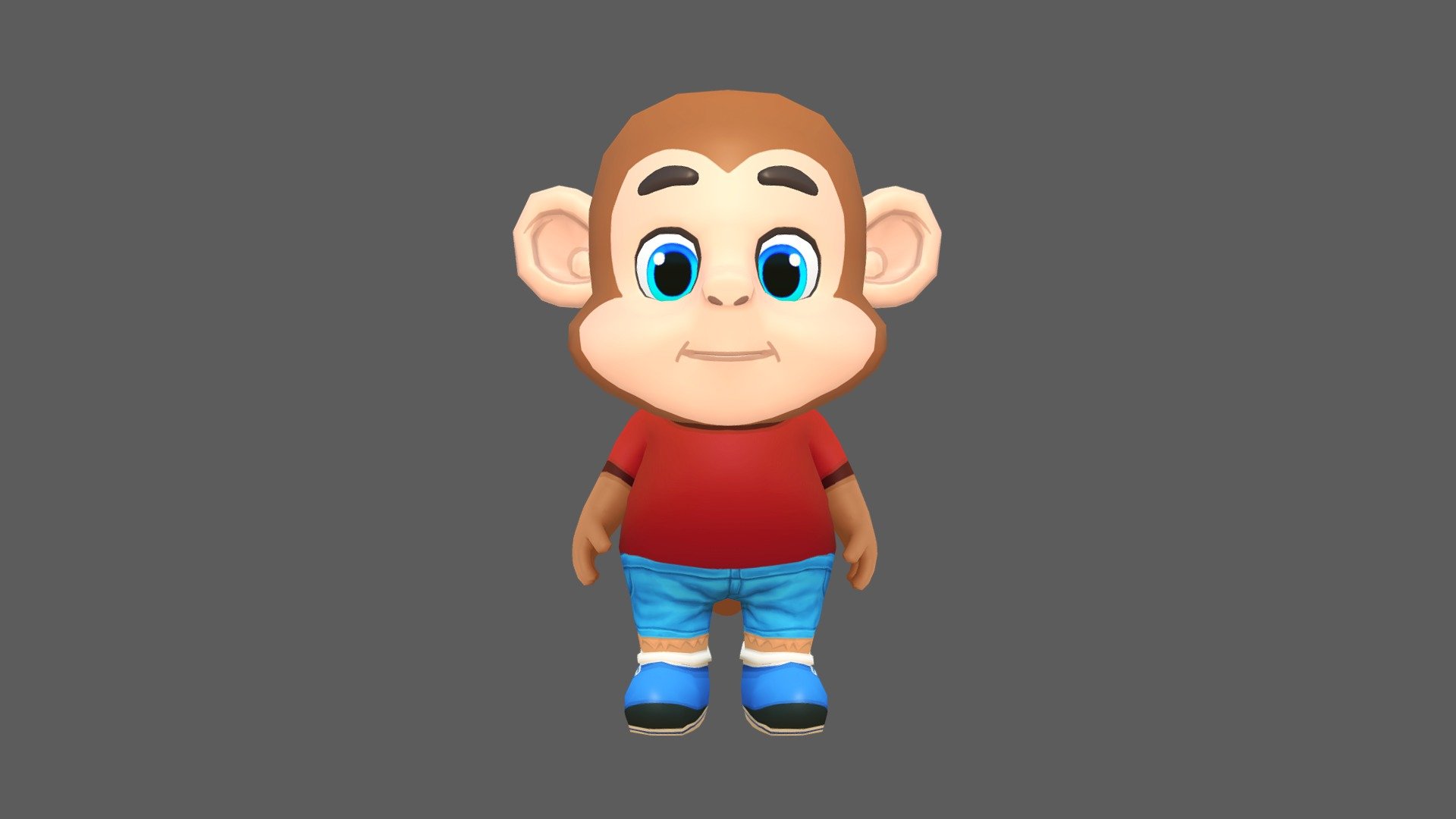Monkey Chimp character for games and animations. The model is game ready and compatible with game engines.

Included Files:




Maya (Source files, Rig) for Unity and Unreal (.ma, .mb) - 2015 - 2020

FBX for Unity and Unreal - 2014 - 2020

OBJ

Supports Humanoid Animation:




Unity Humanoid compatible.

Mixamo and other humanoid animation libraries (MoCap).

Removable Tail.

Full Facial and Body Rig for further animation.

Lowpoly with four texture resolutions 4096x4096, 2048x2048, 1024x1024 &amp; 512x512.

The package includes 18 Animations:




Run

Idle

Jump

Leap left

Leap right

Skidding

Roll

Crash &amp; Death

Power up

Whirl

Whirl jump

Waving in air

Backwards run

Dizzy

Gum Bubble

Gliding

Waving

Looking behind

The model is fully rigged and can be easily animated in case further animating or modification is required.

The model is game ready at:




3721 Polygons

3706 Vertices

The model is UV mapped with non-overlapping UV's and baked lighting 3d model