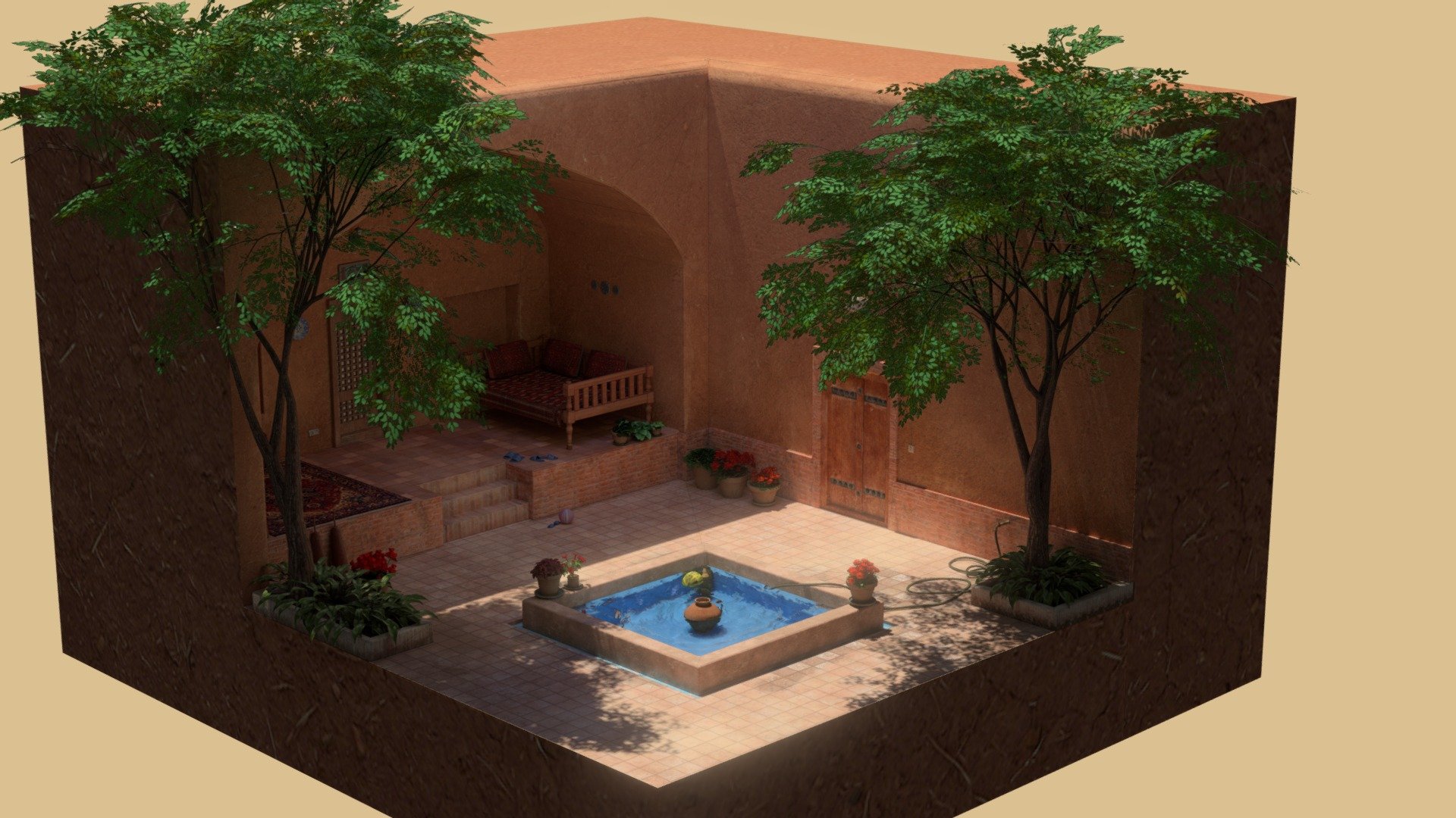 MAKE SURE TO SET THE TEXTURE QUALITY TO HD. In your viewer select on Settings and set the texture quality to HD instead of SD to get the maximum resolution.

The day version of a persian garden scene I modeled for my fluid simulation in Unity. I made it with Blender and Substance, you can view my reference board here: https://www.pinterest.de/shshahrabi/persian-garden/

And the night version here: https://skfb.ly/6XX8T

You can download some of the individual stuff in higher resolution with PBR map on my sketchfab.

For the day version I decided not to put any music since afternoons people are always napping and is a vey quite time 3d model