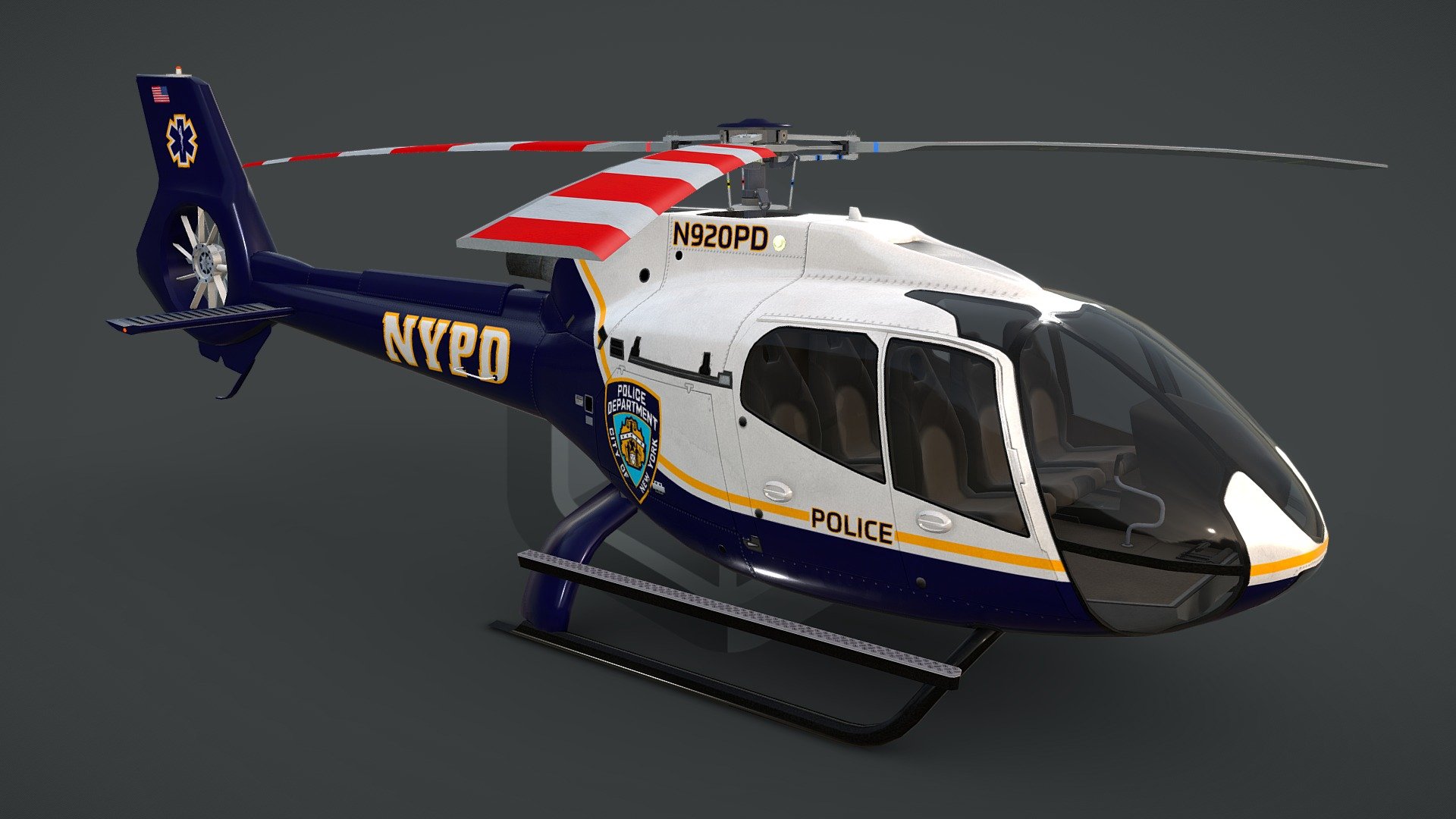 game ready, realtime optimized game asset

unique livery and branding

both PBR workflows ready

LOD0 is HQ lowpoly with bended top rotor, all lights objects and interior

LOD0 19710 tris, LOD1 10462 tris, LOD2 7388 tris, LOD3 5990 tris

100% triangulated and 100% unwrapped non-overlapping

5 x uv layouts, body, HQ rotors, LQ rotors, interior, lights

made using blueprints, real world scale meters

all rotors detached and animable in each LOD with properly placed pivots for flawless animations

hideable capsule built interior that fits perfectly the body

interior is simple but a great basis for further elaboration

big textures pack with native 4096 x 4096 px textures for body, rotors, interior

LOD3 rotors have own textures with blades on alpha channel

light objects have own, small, textures, and contain an emission map

pack contains native .max scene, created in 3dsmax 2014

pack contains clean and flawless FBX and OBJ files

each LOD and all LOD together exported in each file format
 - NYPD Helicopter EC130-H130 Livery 10 - Buy Royalty Free 3D model by CGAmp 3d model