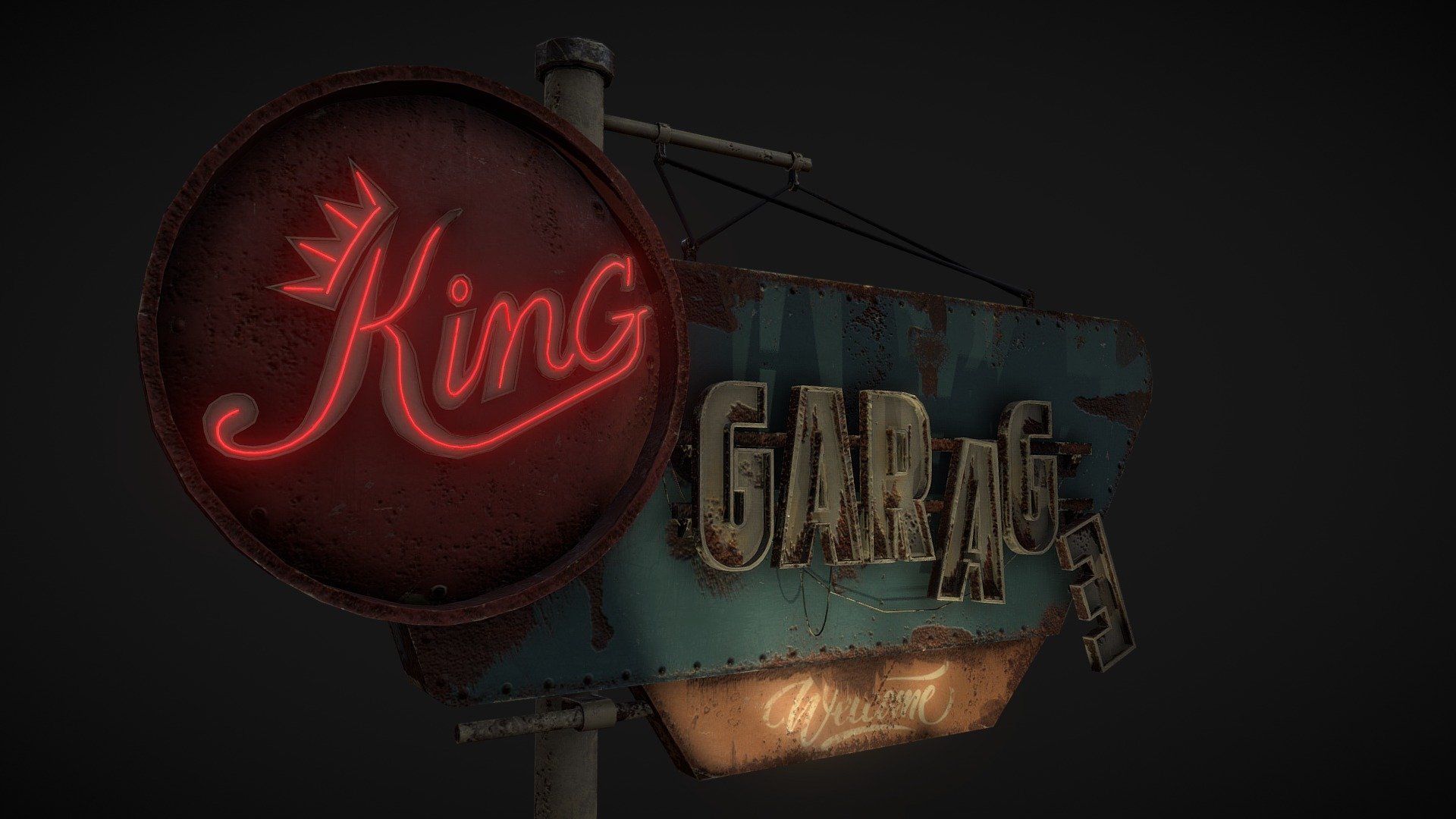 Garage sign inspired by Kirill Barybin's design. 
Modeled in Autodesk Maya, 
Textured In Substance Painter and Photoshop, 
Lighting and Shading in Unreal Engine 4 3d model