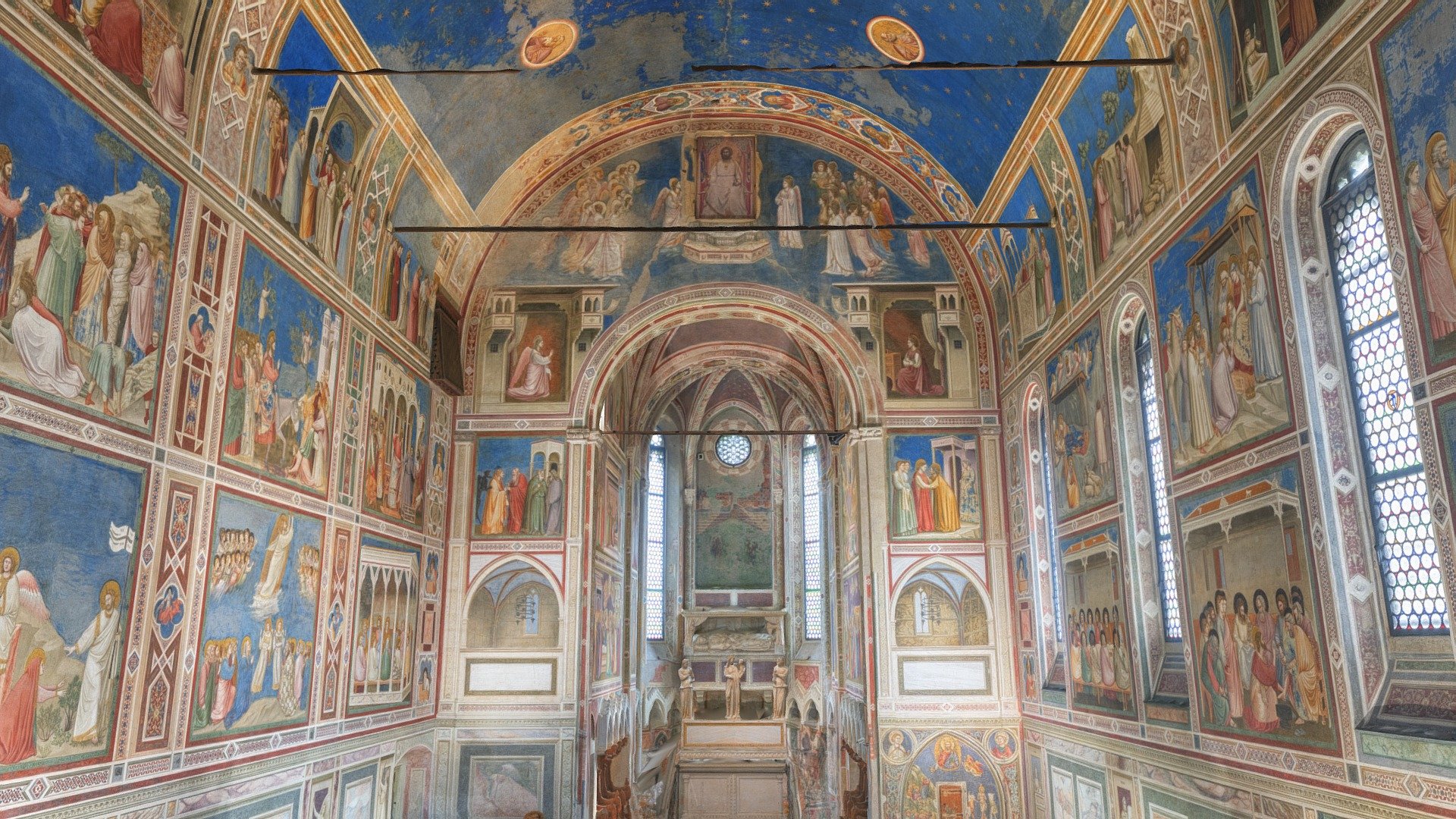 For a 360-degree tour of the Chapel, see: 



https://youtu.be/LWbAx_gDgdQ



https://youtu.be/QVUVVQ5doZs (Tour by SmartHistory)



The Scrovegni Chapel, also known as the Arena Chapel because of the nearby Ancient Roman arena.

The chapel is known for its impressive cycle of frescoes painted by Giotto, a Florentine painter and architect.

Nearly every interior surface of the chapel is covered in frescoes, depicting &ldquo;The Life of Christ