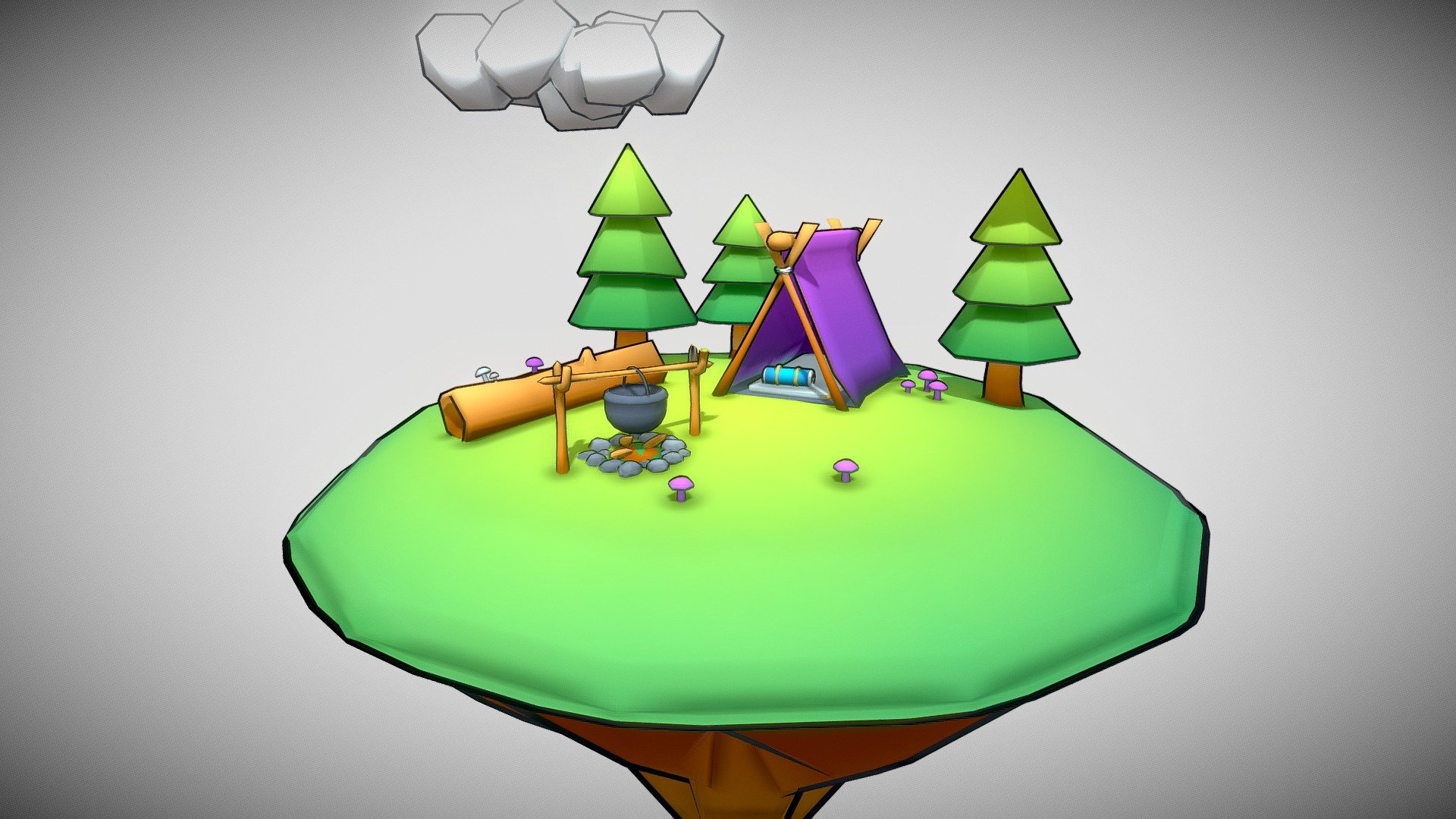 Simple stylized scene made with Blender 2.93 LTS.
This is a low poly cartoon floating island with a tent and fire camp.
I added outline to objects to get toon effect.
I used a gradient texture on objects to get this nice render.

I started to create a little planet but the result was not as good as expected so I decided to create a tiny low poly island (very simple) and put my scene on it. I added low poly clouds to complete the decoration.

Il this scene you can see:
* Low poly tent
* Pines
* Rocks
* Firecamp
* Trunk
* Mushrooms
* Clouds
* Floating island

Don't hesitate to share your ideas to improve this low poly scene 3d model