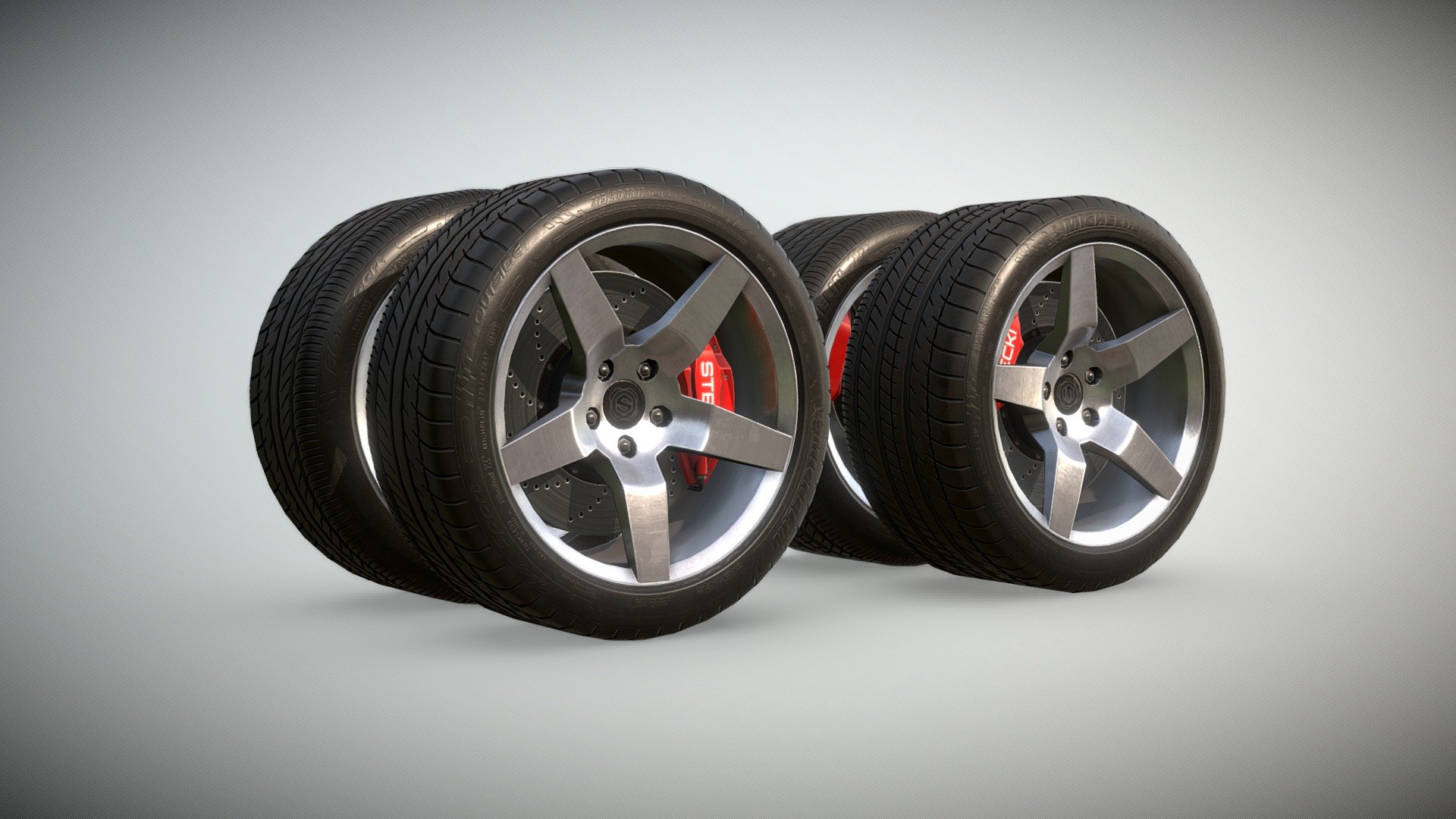 Included in this model kit is a set of 4 modern game engine wheels/brake assets.  There are bolt models on the brake hub if you want to remove a tire visually.  

I have also included the high poly source assets (not shown) in FBX format for the Substance bake, as well as pre-smoothed FBXs (and the Maya scene if you use it).  Warning: The high poly asset is not UV'd and will need a bit of work to have the sidewall textures appear correctly, but it is completely possible for use in high end vehicle renders.

I have included the Substance (Adobe 7.4.3) source files so you can add/swap logos/colors as needed on the rim and brakes (or anything else you want to do).

I have also included the source Photoshop PSD's for the tire sidewalls.  With this you can adjust/customize the sizes or wording. You will just need to rerender out an alpha map to project in Substance.

These are based on (though not entirely accurate) to Michelin Pilot Sport ZR rated tires (275/40 ZR 17 front and 335/35 ZR 17 rears) 3d model