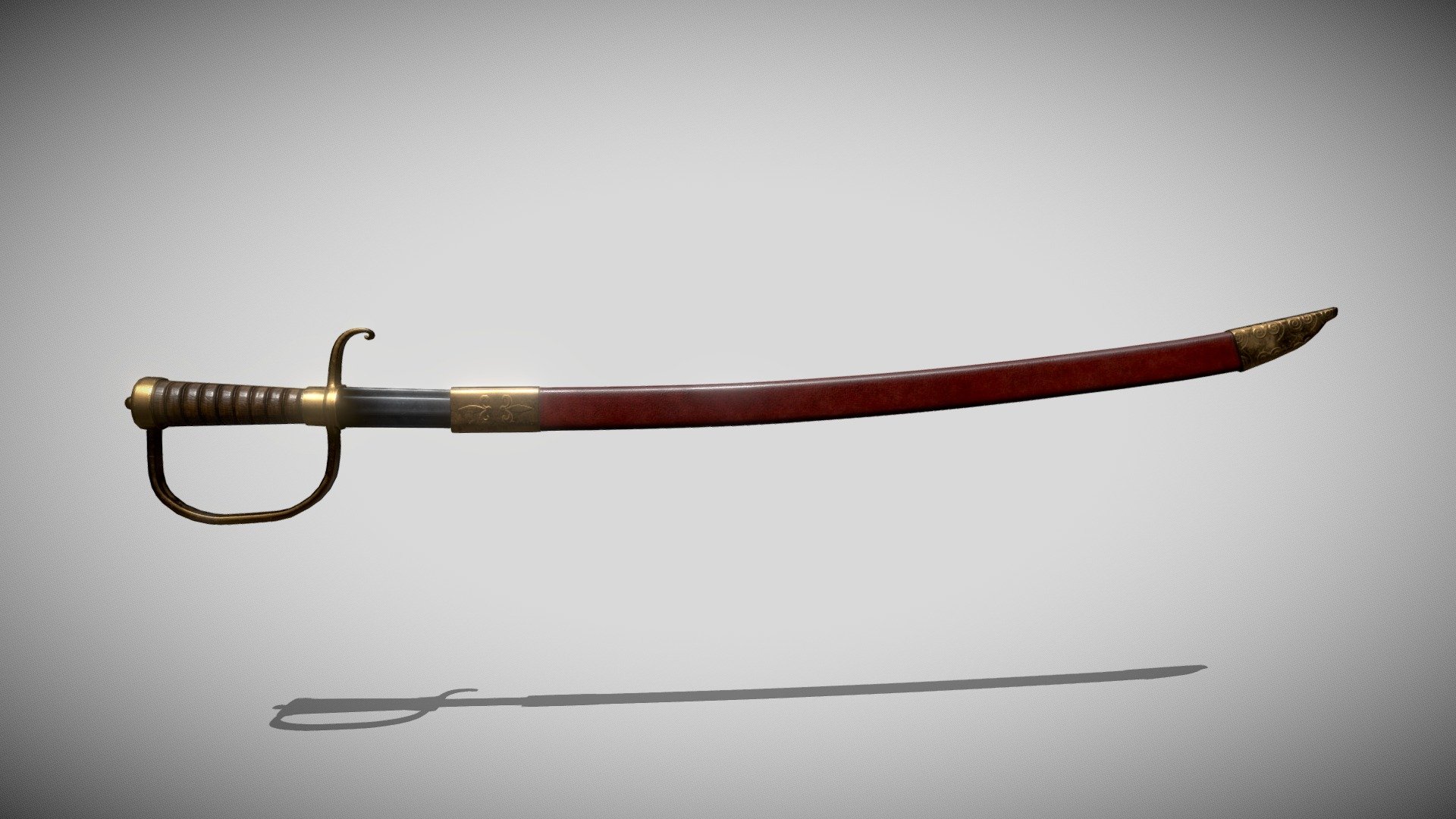 The sword was introduced by General Order in 1796, replacing the previous 1786 Pattern. It was similar to its predecessor in having a spadroon blade, i.e. one straight, flat backed and single edged with a single fuller on each side. The hilt was of gilt brass or gunmetal, with a knucklebow, vestigial quillon and a twin-shell guard somewhat similar in appearance to that of the smallswords which had been common civilian wear until shortly before this period. The pommel was urn shaped and, in many later examples, the inner guard was hinged to allow the sword to sit against the body more comfortably and reduce wear to the officer's uniform. Blades were commonly quite extensively decorated, often blued and gilt 3d model