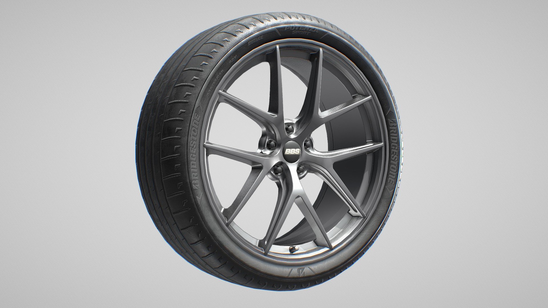 A 3D Model of BBS CI-R rim with Bridgestone Potenza Sport tire. Tire size 235/35R19, Rim size 8x19 inches. The decals on the tire match with the mentioned size.

Model Specification:


Quad based topology with very few triangulation
Varied Texel Density based one the complexity of mesh parts
2048x2048 texture size
Unreal Engine texture set available
Unity Texture set available

Notes: The inner part of the rim is also modeled in case of rim only usage without the tire.



Update 29/07/2022:
- Fix Naming issues, supposedly Bridgestone Potenza Sport instead of Michelin Pilot Sport 5
- Now Available for purchase - BBS CI-R + Bridgestone Potenza Sport - Buy Royalty Free 3D model by Mozzarellarch 3d model