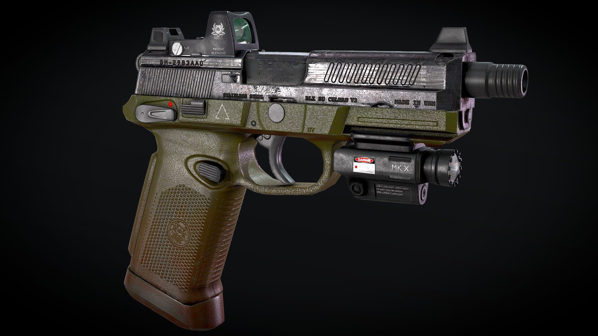 Based on the FNX-45 Pistol with a blood-venom finish.

Total polycount is 11280 Tris.

Game ready with 4k PBR textures for the pistol along with separated texture sets for the magazine, the tactical flashlight-laser, the red dot and the bullets.

This model is about one year old but I never got to publishing it before.

Modeled in blender, textured in Substance painter - Venom FNX-45 Pistol - Buy Royalty Free 3D model by RavenTale_CG 3d model
