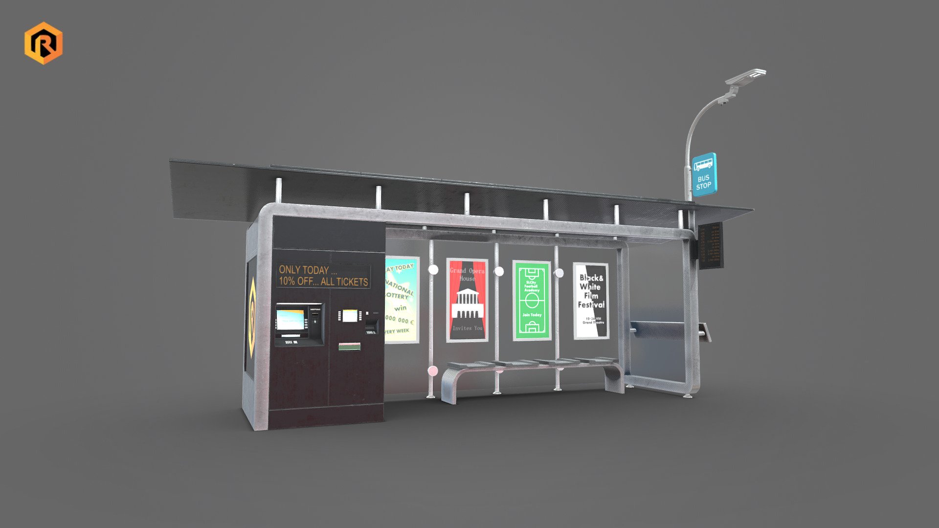 Low-poly PBR 3D model of Smart Bus Stop (or Smart Bus Shelter). Smart bus stops and shelters, in addition to improving the public transport experience for passengers, contribute to creating smarter and greener cities.

This 3d model is best for use in games and other real-time applications such as Unity or Unreal Engine.   

Technical details:




3 PBR textures sets (Main Body, Emission, and Glass)

7970 Triangles

Model is one mesh.

Model completely unwrapped

Lot of additional file formats included (Blender, Unity, Maya etc.)

PBR textures details:




4096 Main Body texture set (Albedo, Metallic, Smoothness, Normal, AO)

4096 Emission texture set (Albedo, Metallic, Smoothness, Normal)

2048 Glass texture set (Albedo, Metallic, Smoothness, Normal)

More file formats are available in additional zip file on product page.  

Please feel free to contact me if you have any questions or need any support for this asset.

Support e-mail: support@rescue3d.com - Smart Bus Stop - Buy Royalty Free 3D model by Rescue3D Assets (@rescue3d) 3d model