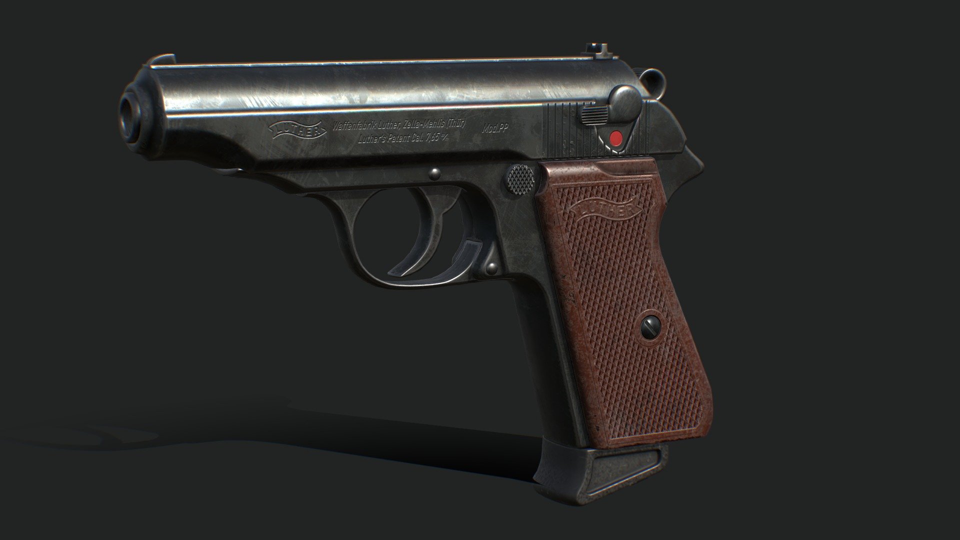 A quick model of a Walther PP pistol. Logos etc changed to Luther instead of Walther 3d model
