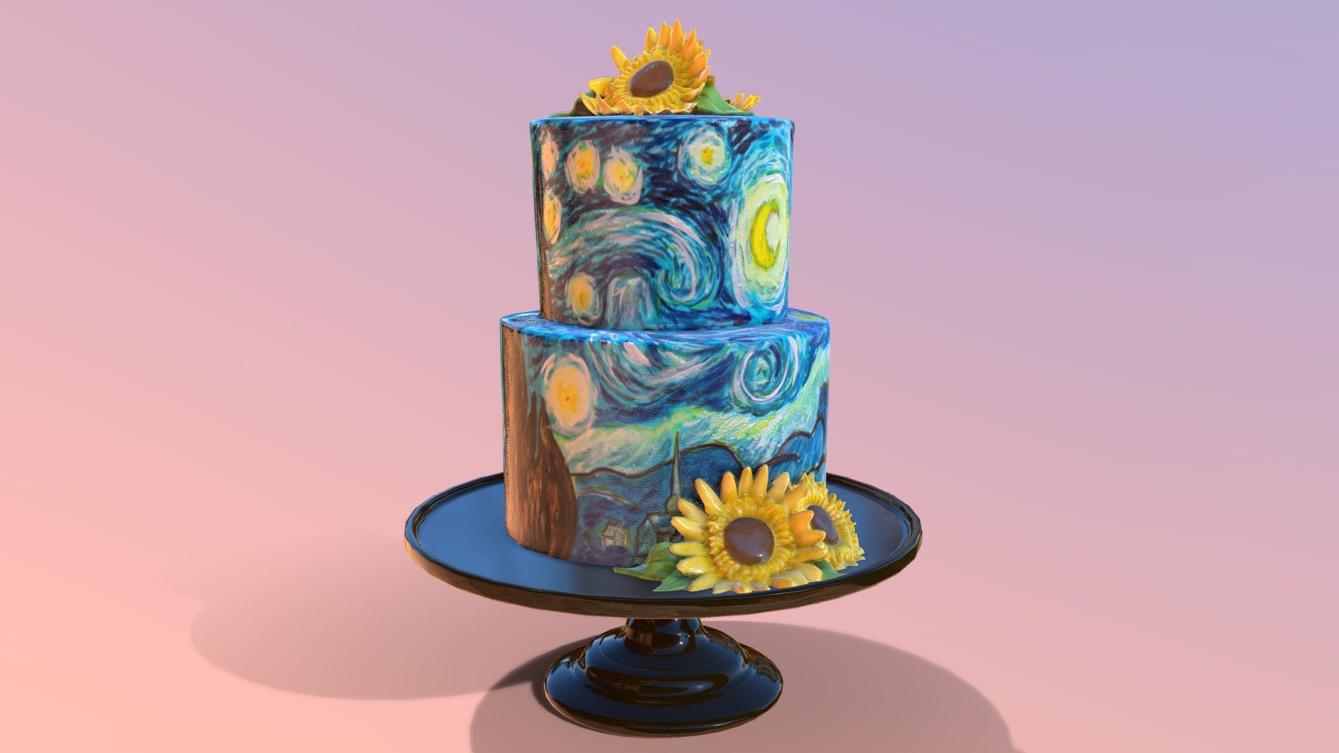 3D scan of a The Starry Nights Buttercream Cake on the mosser stand which is made by CAKESBURG Online Premium Cake Shop in UK.

The Starry Night is an oil-on-canvas painting by the Dutch Post-Impressionist painter Vincent van Gogh. Painted in June 1889, it depicts the view from the east-facing window of his asylum room at Saint-Rémy-de-Provence, just before sunrise, with the addition of an imaginary village. Wikipedia

You can also order real cake from this link: https://cakesburg.co.uk/products/van-gogh-starry-night-cake?_pos=1&amp;_sid=b84a78c0f&amp;_ss=r

Cake Textures - 4096*4096px PBR photoscan-based materials (Base Color, Normal, Roughness, Specular, AO) - Van Gogh - Starry Night Cake - Buy Royalty Free 3D model by Cakesburg Premium 3D Cake Shop (@Viscom_Cakesburg) 3d model