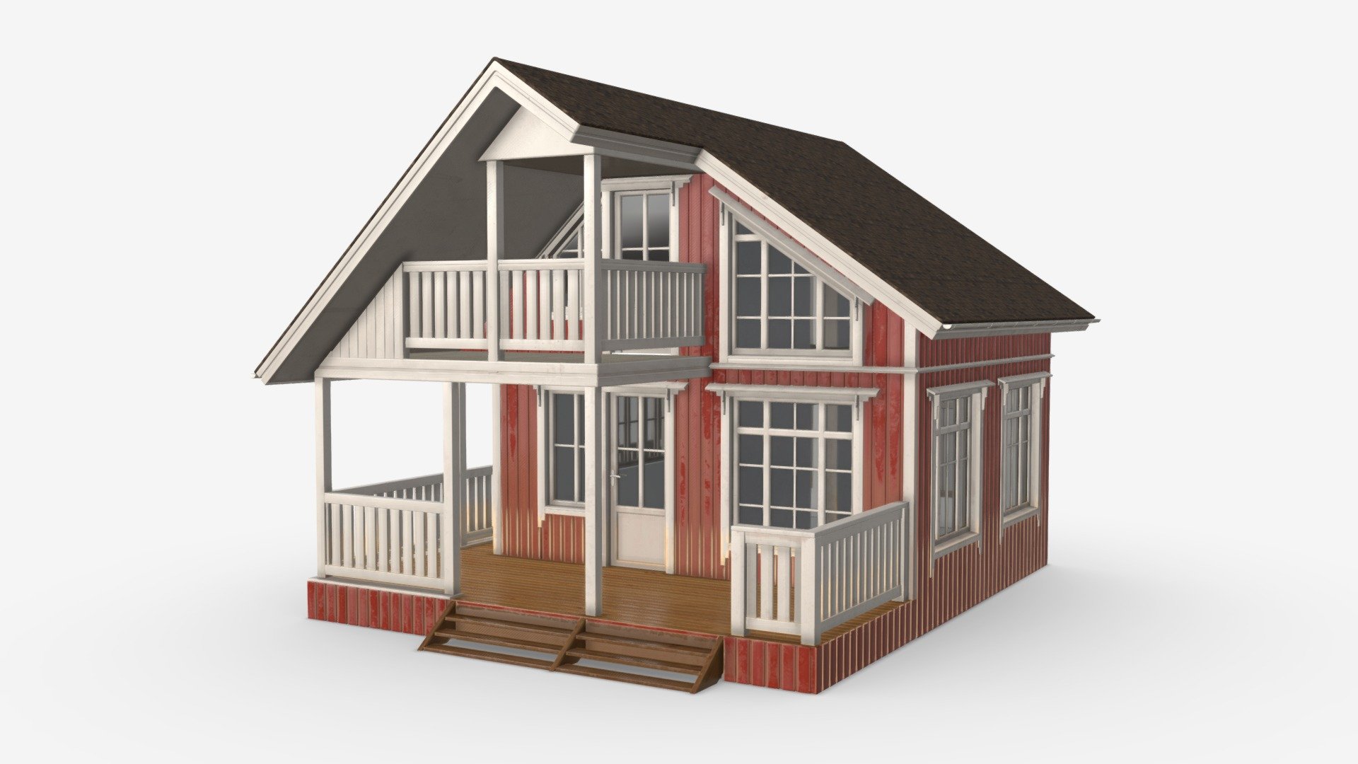 Classic Wooden Two Level House with Terrace - Buy Royalty Free 3D model by HQ3DMOD (@AivisAstics) 3d model