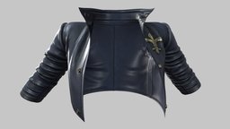 Female Standing Collar Navy Crop Jacket steampunk, leather, fighter, front, standing, punk, fashion, retro, up, girls, jacket, open, clothes, cyberpunk, biker, rider, collar, officer, realistic, real, sleeves, womens, buttons, wear, crop, fleur-di-lis, pbr, sci-fi, futuristic, female, gold, navy, royal, pulled