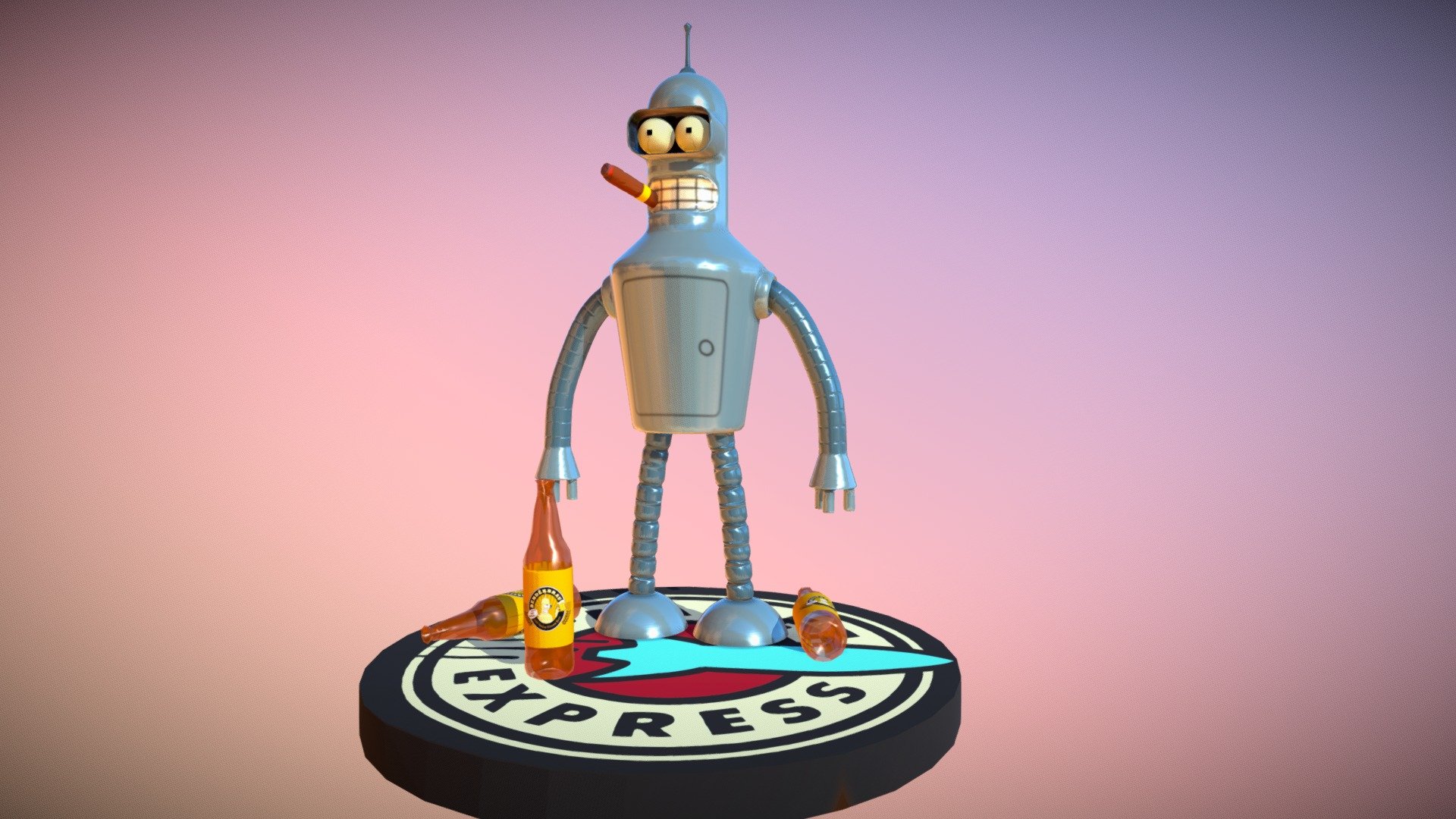 Bender from Futurama after drinking a few of his own BenderBrau while smoking a cigar 3d model