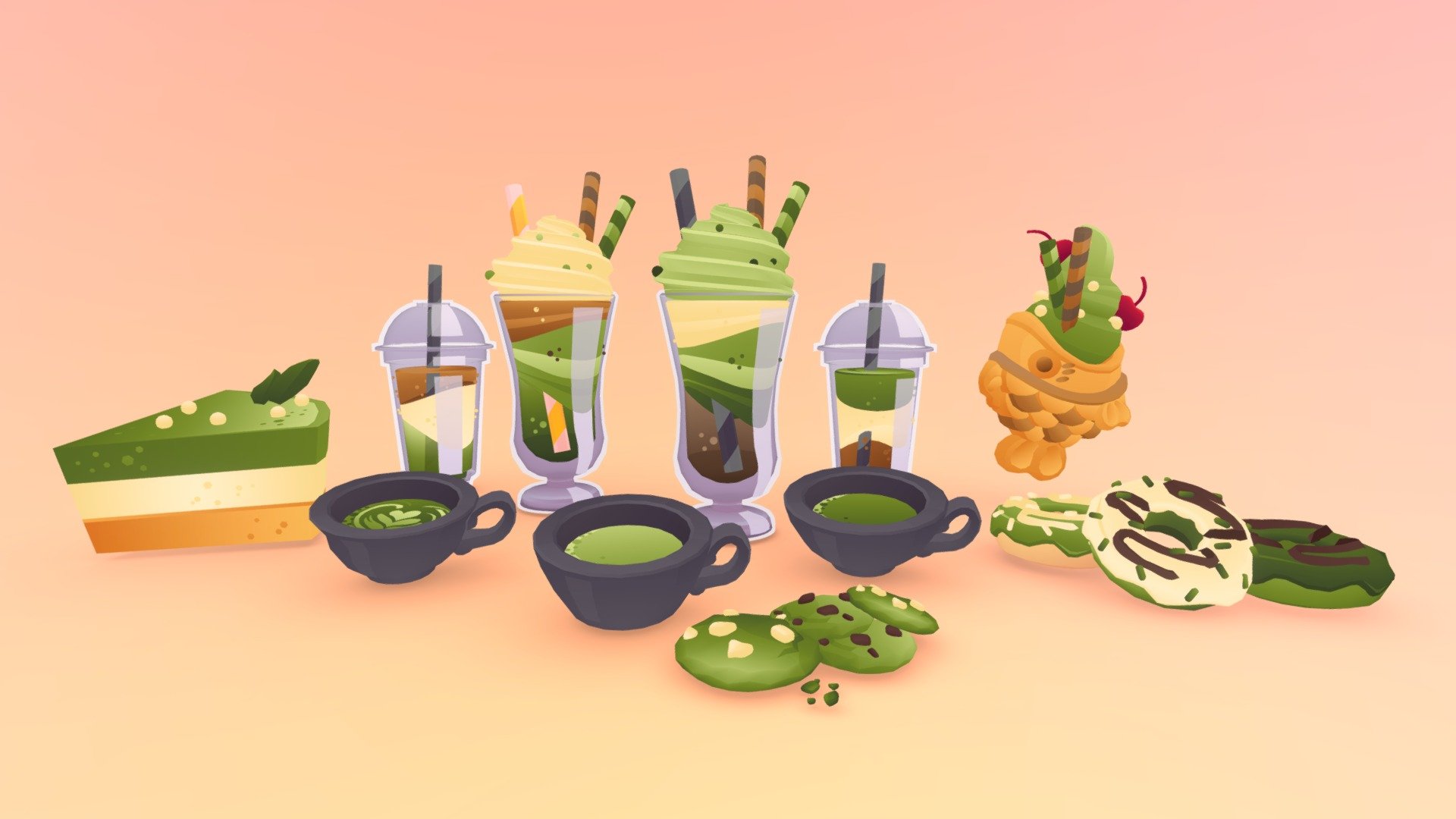 **Low poly cute matcha  coffee drinks pack. **

Textured with gradient atlas, so it is performant for mobile games and video games.

There are 2 materials, the glass and the liquid are slightly transparent.

Like a few of my other assets in the same style, it uses a single texture diffuse map and is mapped using only color gradients. 
All gradient textures can be extended and combined to a large atlas.

There are more assets in this style to add to your game scene or environment. Check out my sale.

If you want to change the colors of the assets, you just need to move the UVs on the atlas to a different gradient.
Or contact me for changes, for a small fee.

**I also accept freelance jobs. Do not hesitate to write me. **

*-------------Terms of Use--------------

Commercial use of the assets  provided is permitted but cannot be included in an asset pack or sold at any sort of asset/resource marketplace.* - Stylized Coffee Matcha Set - Buy Royalty Free 3D model by Stylized Box (@Stylized_Box) 3d model