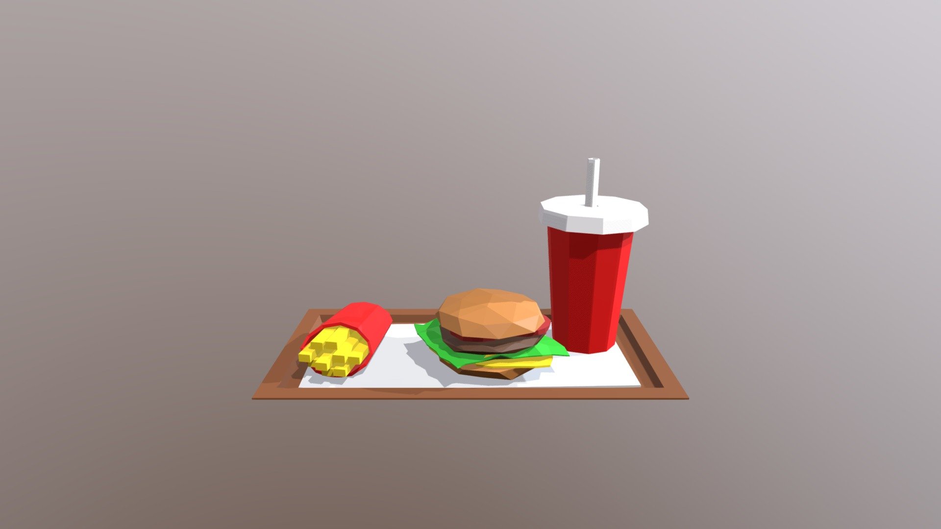 Low poly burger, french fries and soft drink on a tray. Roughly to scale in metric units 3d model