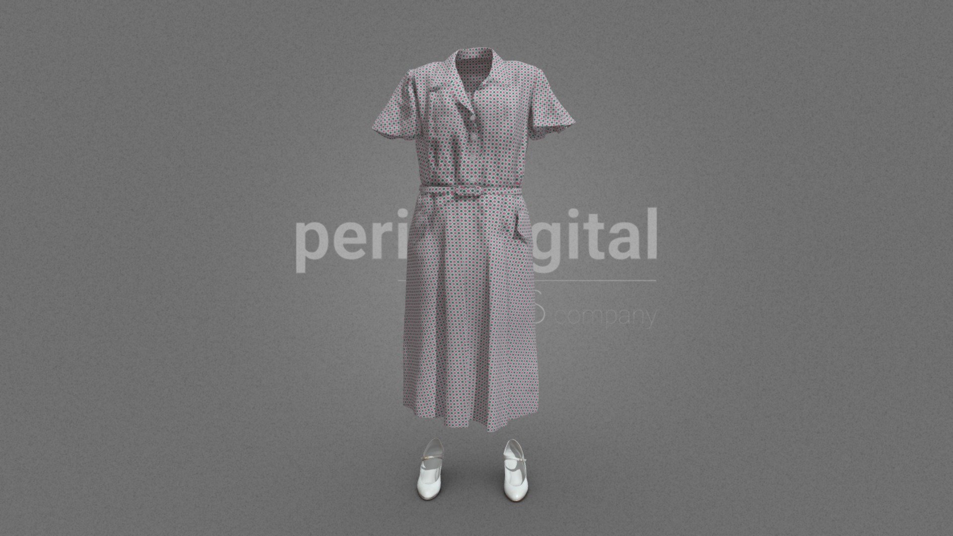 White shirt dress with geometric print in shades of green and pink, short sleeves, side pockets and belt; white heels with strap on the instep.

Our “40s Fashion” collection consists of several sets, which you can use in your audiovisual creations, extracted and modeled from our catalog of photogrammetry pieces.

They are optimized for use in 3D scenes of medium/high polygonalization and optimized for rendering.

We do not include characters, but they are positioned for you to include and adjust your own character.

They have a model LOW (_LODRIG) inside the Blender file (included in the AdditionalFiles), which you can use for vertex weighting or cloth simulation and thus, make the transfer of vertices or property masks from the LOW to the HIGH** model.

**We have included the texture maps in high resolution, so you can make extreme point of view with your 3D cameras, as well as the Blender file so you can edit any aspect of the set.

Enjoy it.

Web: https://peris.digital/ - 40s Fashion Series - Woman 27 - Buy Royalty Free 3D model by Peris Digital (@perisdigital) 3d model
