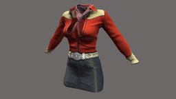 Female Skirt Shirt Scarf Western Outfit in, mini, neck, red, leather, shirt, front, , chest, fashion, girls, open, clothes, skirt, stylish, western, dress, costume, cowgirl, womens, outfit, wear, buttoned, around, wrapped, hostess, pbr, low, poly, air, female, black, unbuttoned, tucked