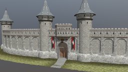 City Wall and Gate tower, portal, medieval, entrance, blender, stone, fantasy, noai