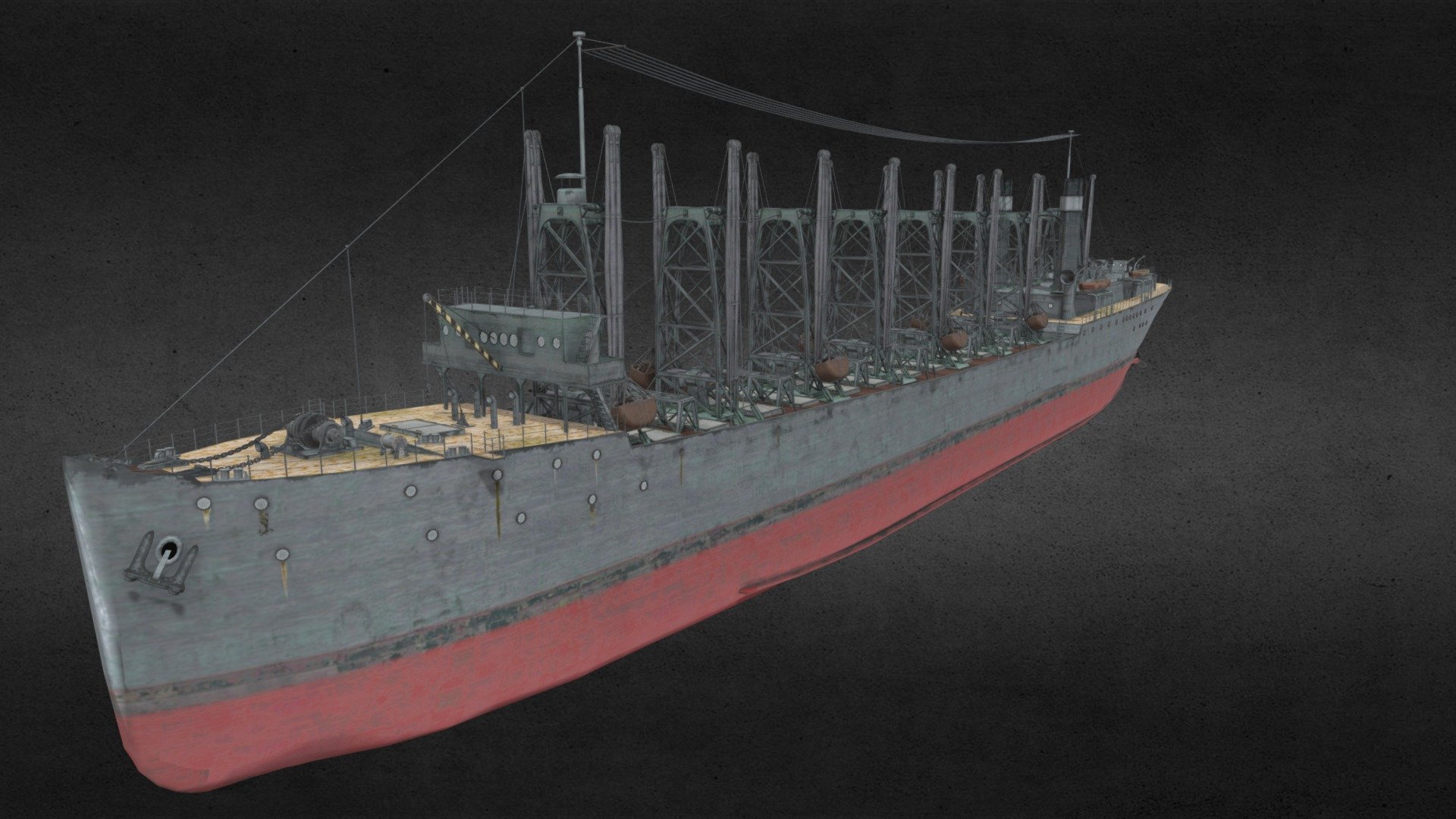 A 1920s american collier originally designed to transport coal and refuel other warships on the sea. Later rebuilt into a first US aircraft carrier know under a name of USS Langley. For those who want to learn more: https://en.wikipedia.org/wiki/USS_Langley_(CV-1) . 

All textures are 4k including diffuse, metallic, roughness and normal. Full size textures can be found under additional files 3d model