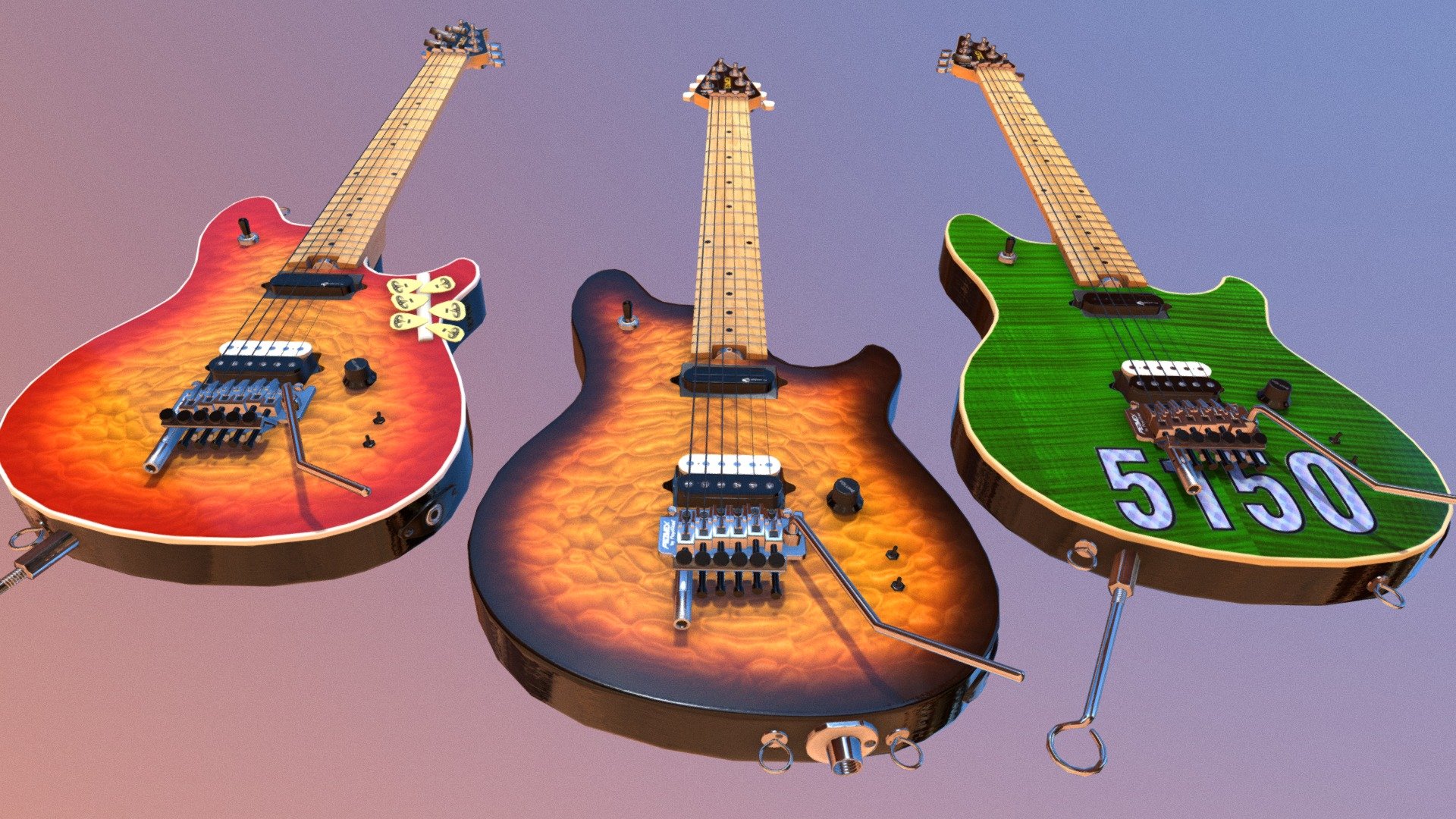 PEAVEY EVH WOLFGANG SUSTAINER Low Poly guitar models.2004 Tour Guitars in honor of Edward Van Halen.3 Models,4K Textures.Each model has less than 9.000 vertices 3d model