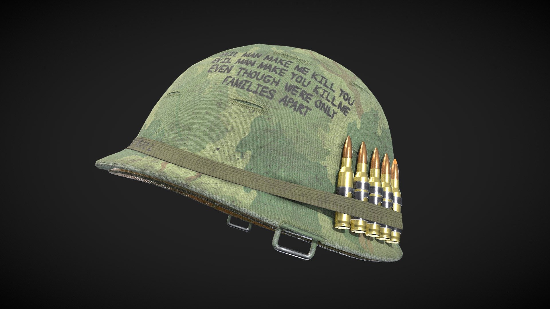 This project was created during my final class at Full Sail University. I was given a month to model, UV, and texture an asset, so I decided to make a Vietnam War M1 helmet with bottles and bullets stuck in the band 3d model
