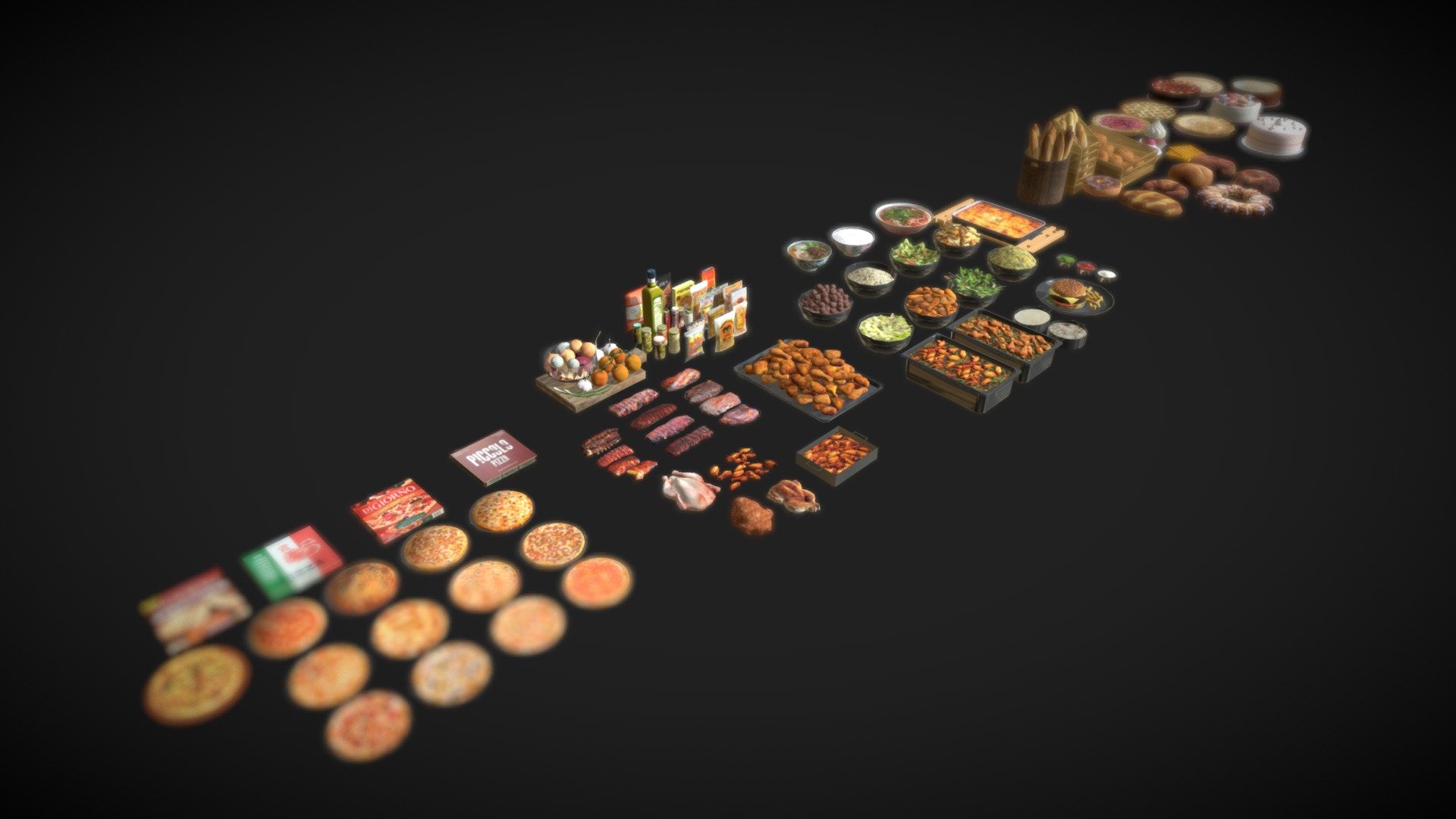 Hello everyone🖐, this pack of models was created in Blender 3.3. All models are low-poly😊, but based on real textures. You can use them for video games or simply for scene decoration, etc.

There are different categories of food in this file (100 in total):

-pizza
-meat
-bread and cakes
-foods, soup&hellip;

If you have any questions or comments, please don't hesitate to let me know. Other packs will be available soon 😋 3d model