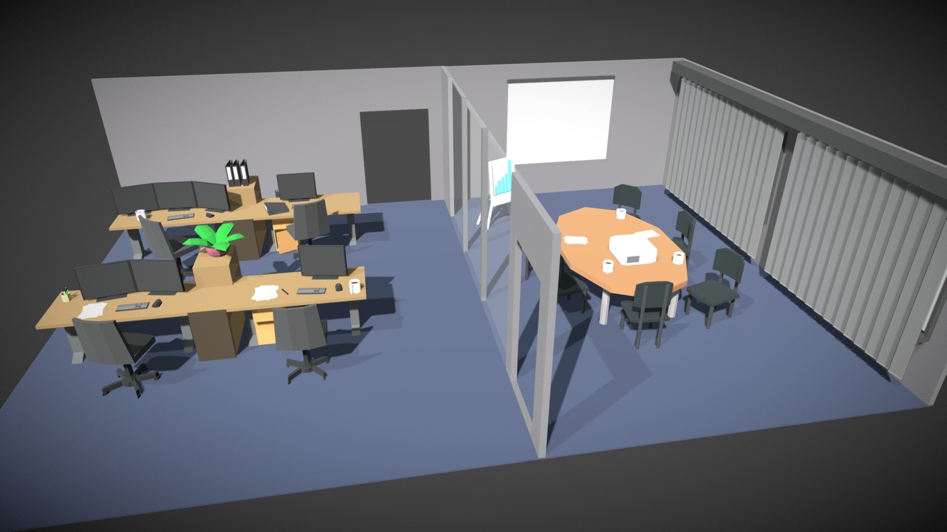 A nice and small office scene in classic lowpoly comic style. It is modelled in Blender and you can use it for your new game or videos. The office has two sections, one is the working area with desks and monitors and the other one is the meetingroom with a big desk and a beamer for presentations 3d model