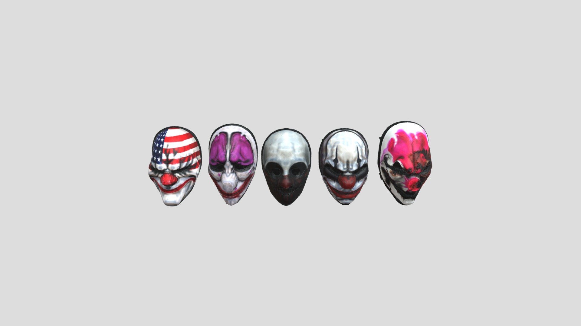 Character masks from Payday 2 (Dallas, Houston, Wolf, Chains, Hoxton)

Upscaled textures (Diffuse, Height) from 512 to 2k
Remeshed and subdivided geometry

Contact me if you want to download it - Payday 2 Masks - 3D model by alexn1k 3d model