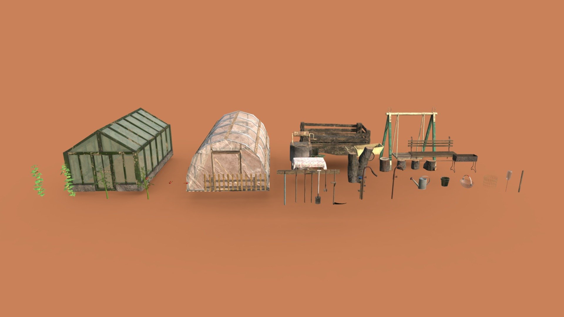 **- Greenhouse - Gardening Tools - **
A pack of lowpoly old school Garden tools alongside two types of Greenhouses, Tomato and Cucumber Plants/Fruits and other typical backyard decorations.




37 lowpoly models

PBR textures - 2048x2048, 1024x1024 .png

Texture sets for MetalRough setup


Ready for Unity and Unreal game engines




Polygons, Tris and Vertices - 
In total: 14 300 polys; 26 244 tris; 15 383 vertices.



Additional zipped file contains all the files - Greenhouse Gardening Tools | Game Assets - Buy Royalty Free 3D model by PropDrop (@PropDrop.xyz) 3d model