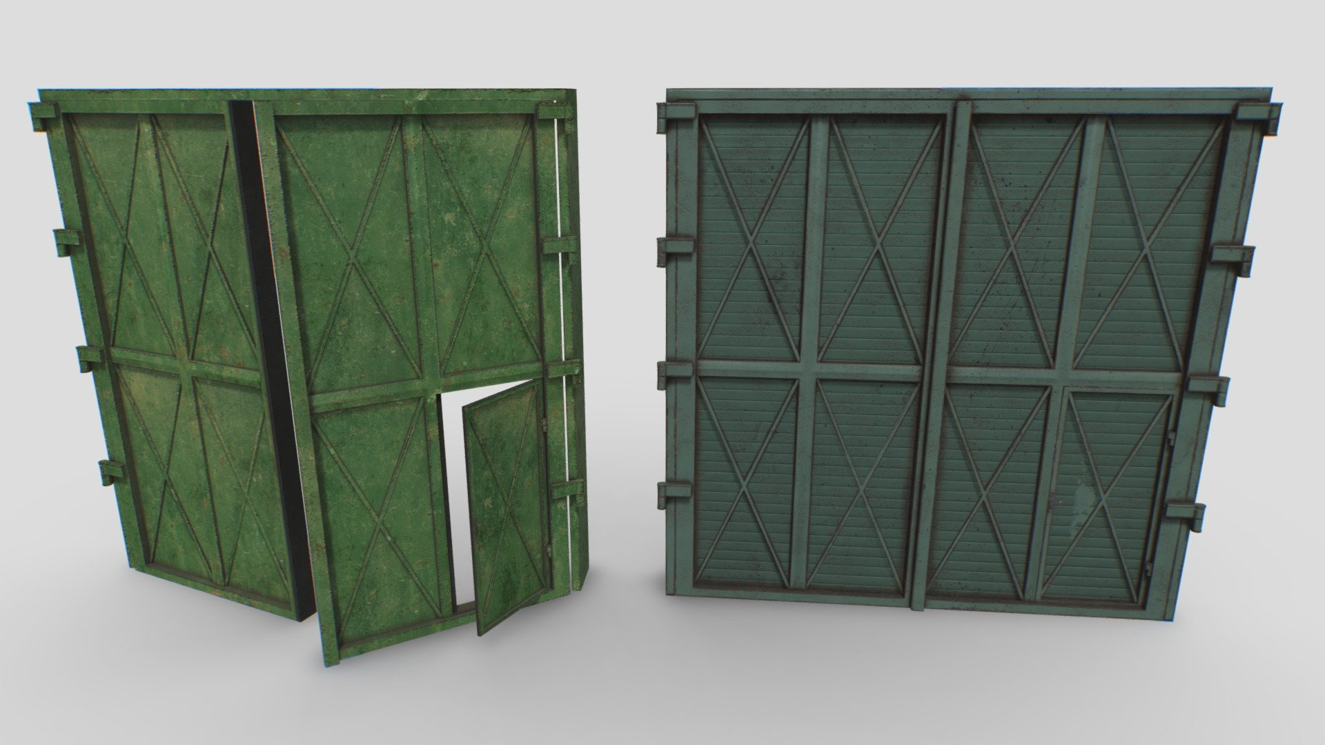 2 Realistic metal gates based in real one. Realistic scale.

Comes with 2 PBR 4096pix texture sets including Albedo, Normal, Roughness, Metalness, AO.

Suitable for factories, hangars, warehouses, etc..

Gates can be opened as showed in the pics 3d model