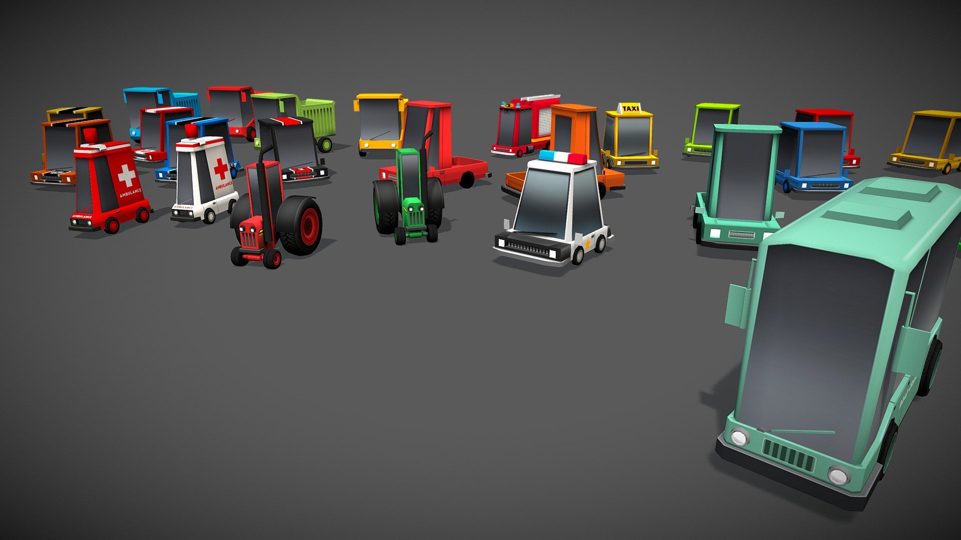 Cute Cartoon Car Pack - is a collection 28 vehicles ready to be rigged and deployed in any game.
The pack includes cars, trucks buses and what not 3d model