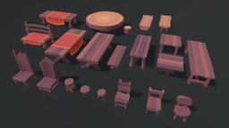 Stylized Low Poly Wooden Tables and Chairs