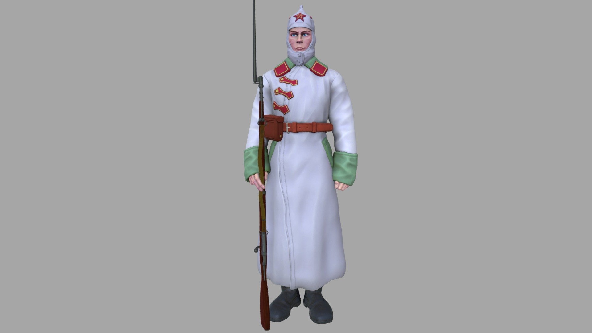 My new 3D model, this time I decided to make a guy like this. For those who don’t know, he wears a “Budenovka” cloth helmet on his head. The man is armed with a Mosin rifle. Soviet soldier in winter uniform of the Red Army 1920. The 3D model was made in the 3D blender program, has rigging and skinning. Big_Black_Anaconda art 3d model