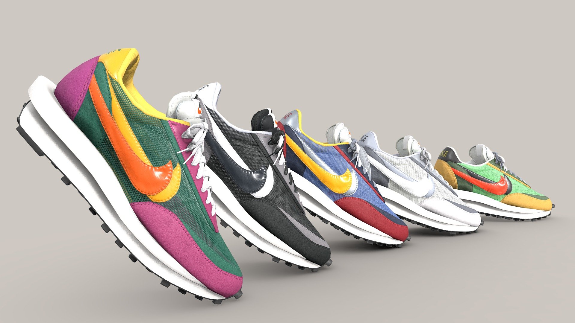 Full versions (including higher definition textures) of each colourway can be found here: https://skfb.ly/oCGBA 

The Difference
Nike Sacai LD Waffle in five unique colourways. The shoes featured here are all the &ldquo;One Mesh
