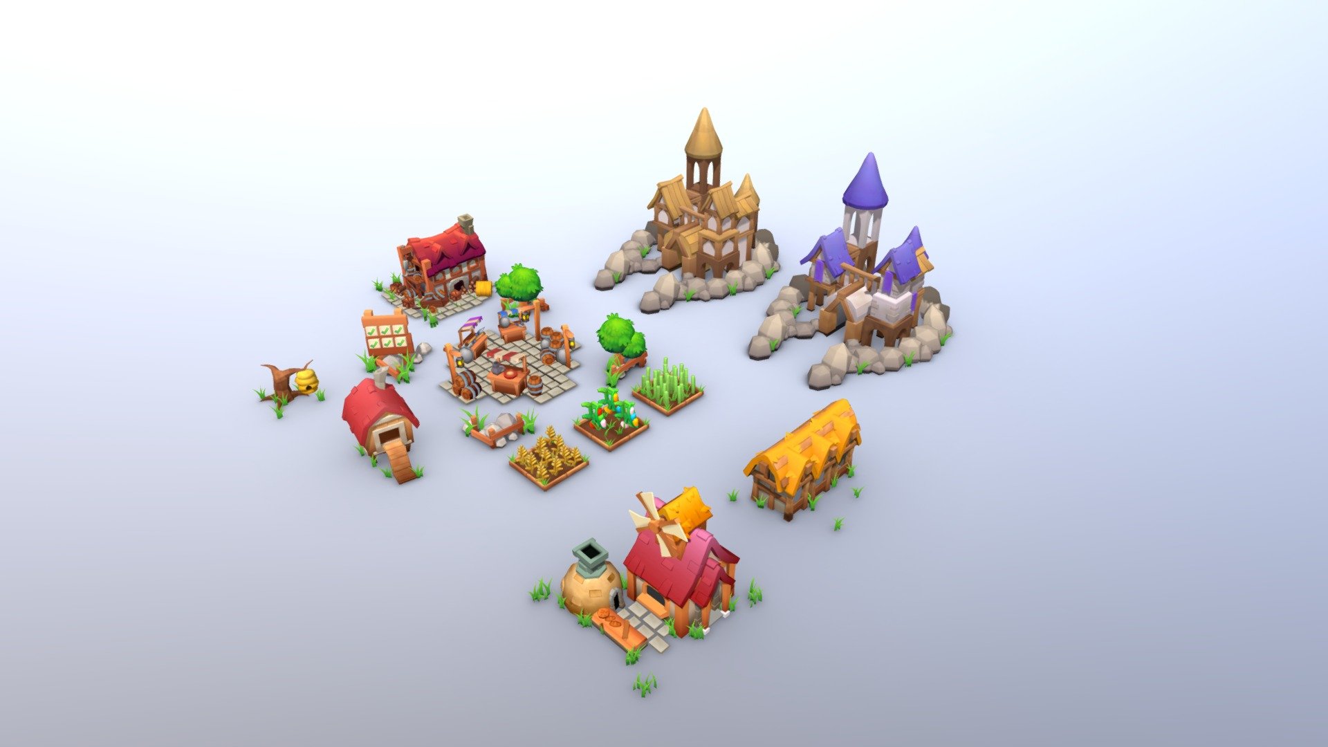 Part 2 of the low poly, hand painted fantasy town assets! - More Low Poly Fantasy Town Buildings - 3D model by Alec Cameron (@alcapwn44) 3d model
