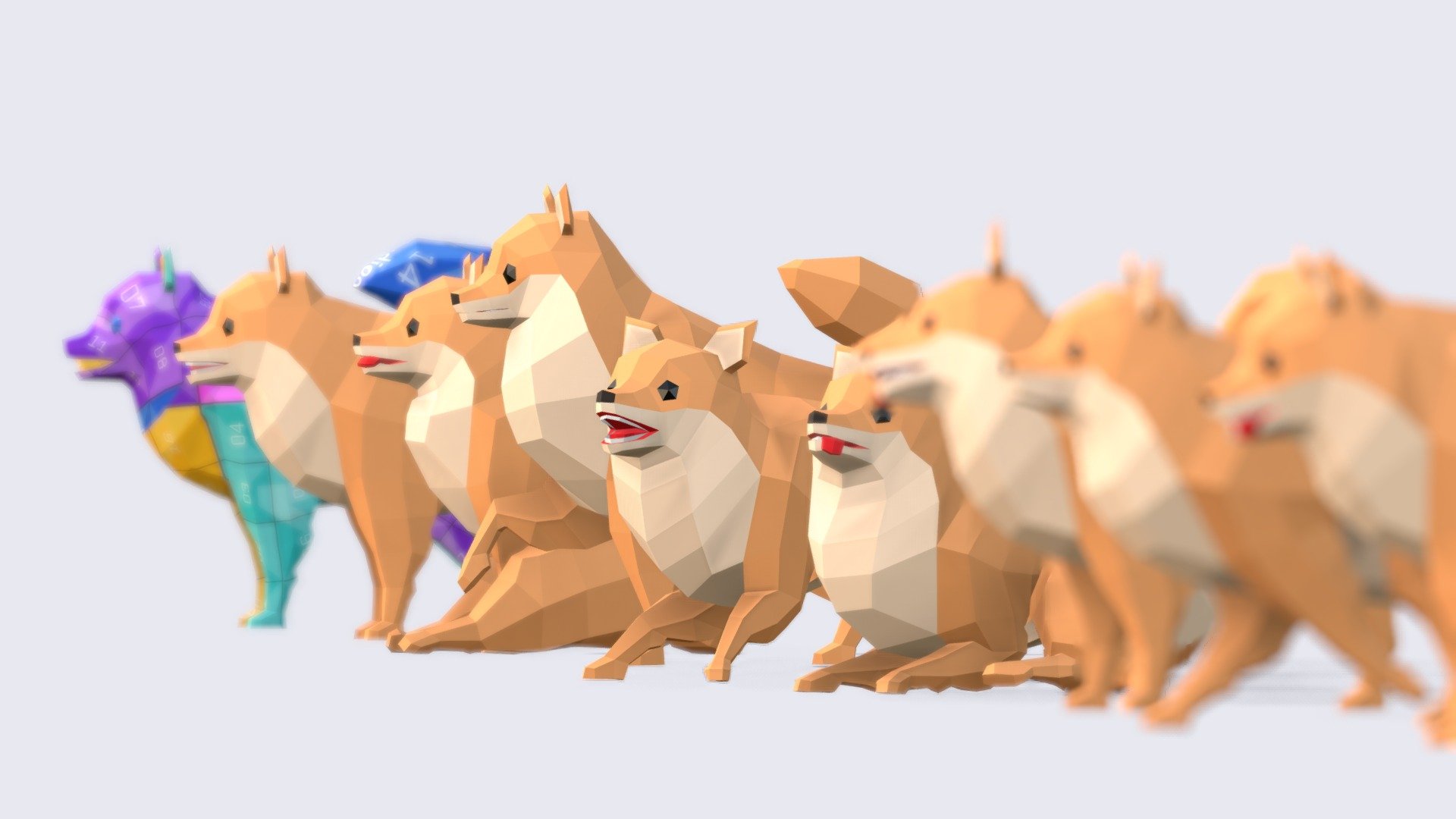 Low Poly Pomeranian Dogs
429 vertices / 434 Faces each

Includes the next files in OBJ, FBX, GLB and BLEND (Native):
The Base Mesh: A quad face based in static pose and mapper texture.
The Pack: A pack with 7 poses (Rest Pose + 6 different).
UV Layout: that applies to all of them 3d model