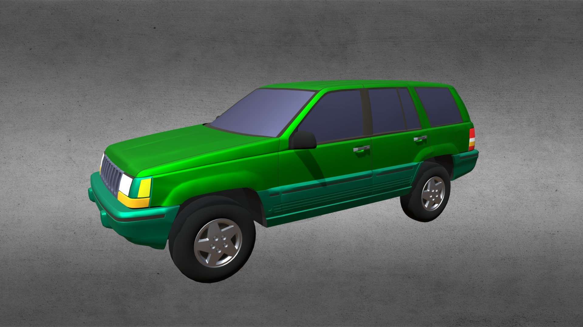 The Jeep Grand Cherokee is a mid-size SUV produced by the Jeep division of American manufacturer Chrysler Corporation. 

This digital model is based on the 1994 version of the Jeep Grand Cherokee.

Product Features:




Approx 16624 polygons.

Digitally scanned from the actual car, which gives the digital model a highly accurate shape.

Does not have an interior cabin, so we recommend darkening the windows.

The wheels, doors, hood, and trunk are separate groups, which your software should read as separate parts.

This version includes an mtl file, which your software program should read to colorize the model.

The model is UV mapped and NO textures are included.

Original model by Digimation and sold here with permission 3d model