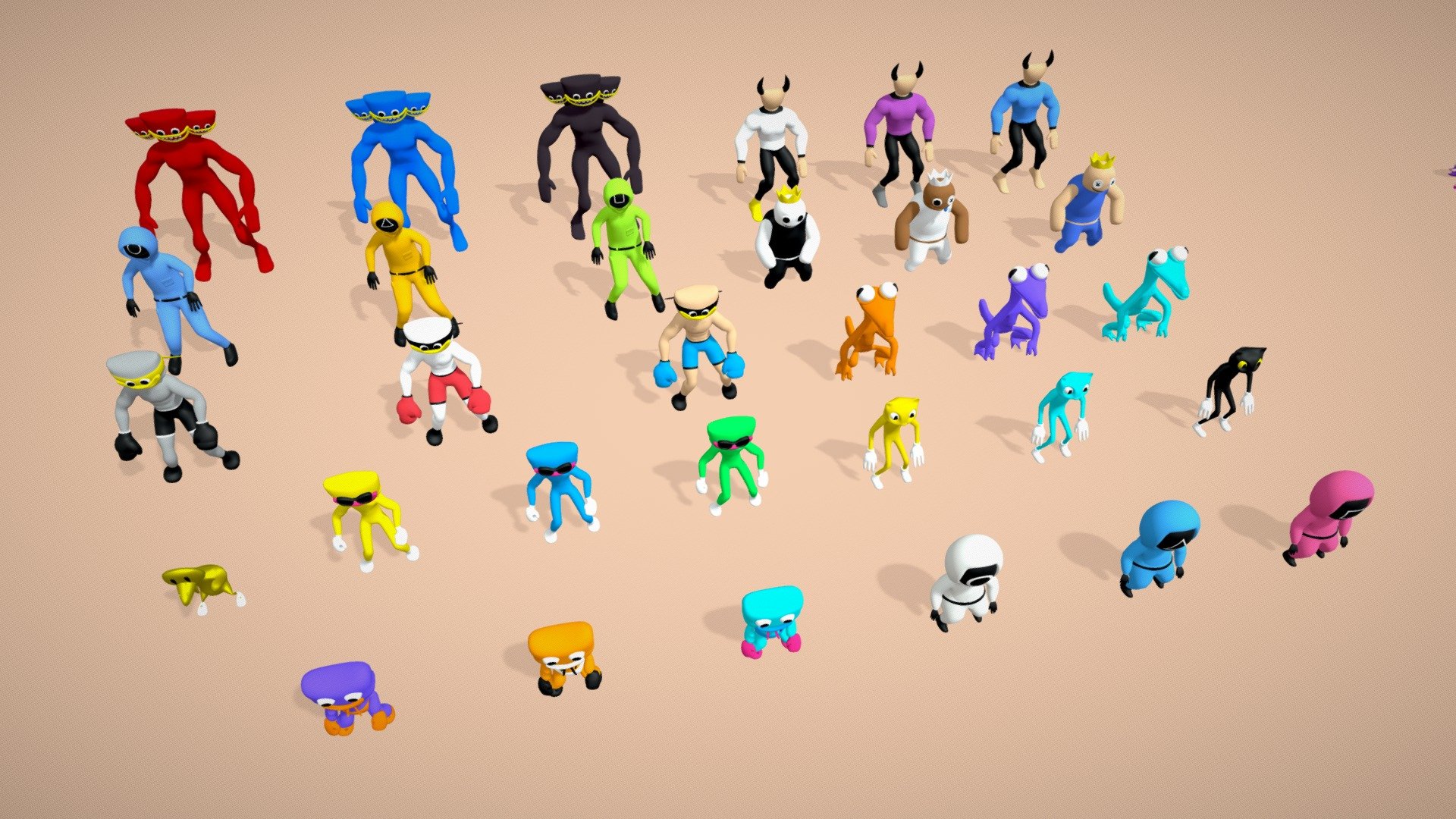 Presenting Mix Characters Pack includes low poly hyper-casual characters such as Rainbow Friends, Poppy, huggy, Kissy Missy, FNF Gf, FNF Bf characters and Squid Game Workers. 

This low-poly set of mix characters can be used for creating games in the Hyper Casual genre. Characters have the mixamo Rig and  Animation.
You can make color variants by changing their material colors.

Buy this character pack for your game or any other purposes at a very budget-friendly price rate. Please like and give valuable comments for this pack. Thank You 3d model