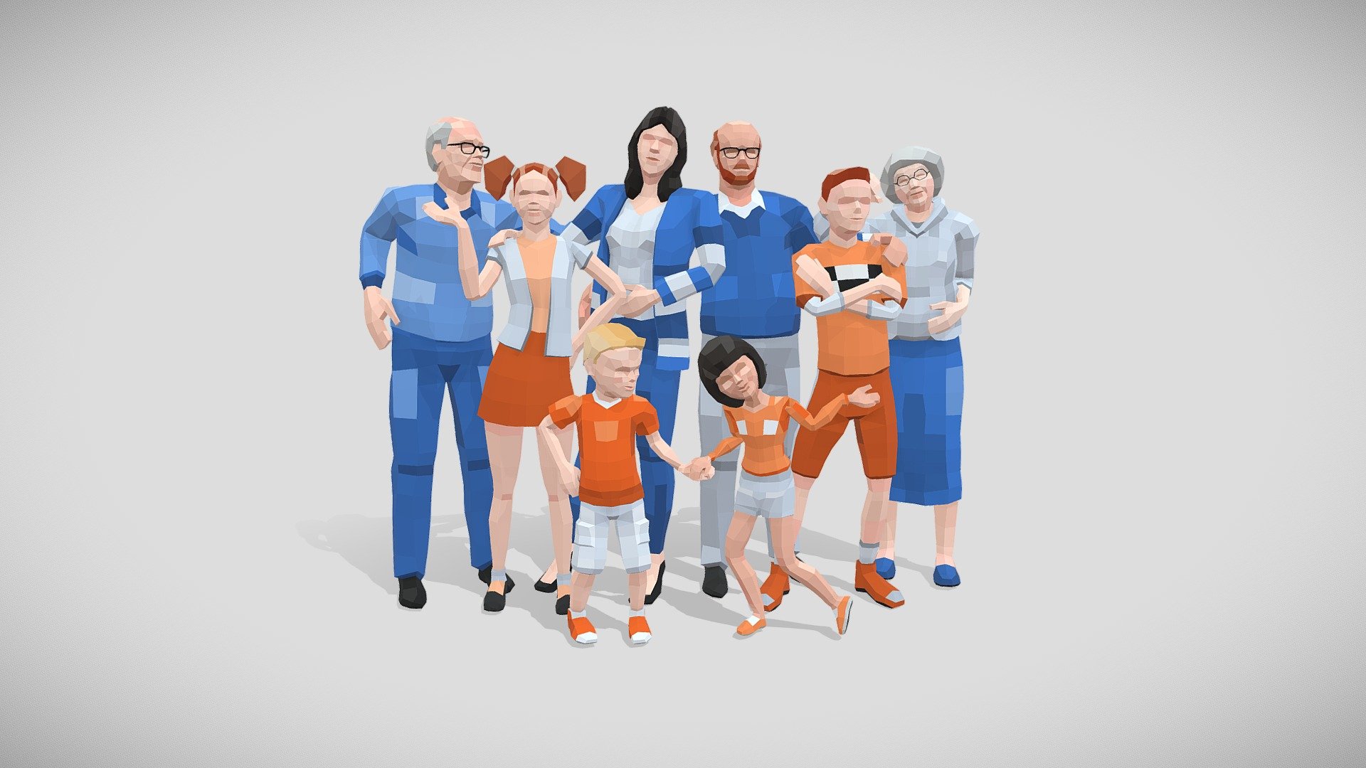 LowPoly Style family group of 8. Optimized for AR/VR and mobile and web apps.  Created with 3ds Max 2022.
Download Additional Files all individual rigs as .MAX, .FBX.

Texture customization easier than ever:


Tested with Unity for compatibility with Humanoid System.
Rigged with 3ds  Max Biped and Skin modifier.
Any set of models can share a unique texture, costumize and apply as you wish.

Source PSD texture included, layers organized in folders 3d model