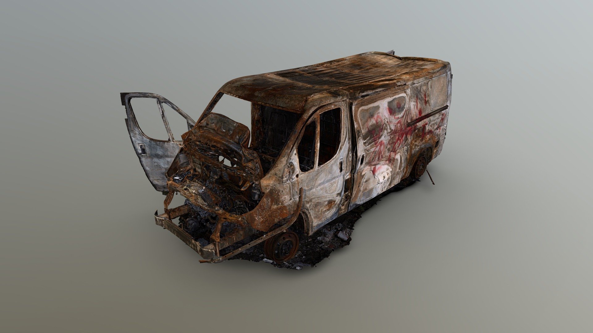 My friend Erik Christensen and I had an evening to kill so we ended up around the coast with our Photogrammetry gear scanning this awesome van that had been burnt. 
Huge credit goes to Erik  for driving us out to the site and processing the high resolution data we captured.

This scan was created with 2474 images (culled down from 3000+). The shoot was approached in two passes, with Erik taking on the polarised side of the shoot while I did the specular shoot.

Shot with 50mm lenses and Godox AR400 strobes at night time. Canon + Nikon fullframe 3d model