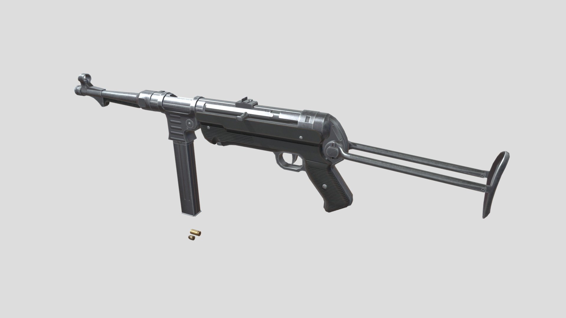 A low-poly World War II German MP 40 Submachine-gun asset for use in game development projects. Included is a 9mm Luger cartridge, spent casing and bullet.

The model is in real-world scale and was created using accurate referencing from photos and videos 3d model