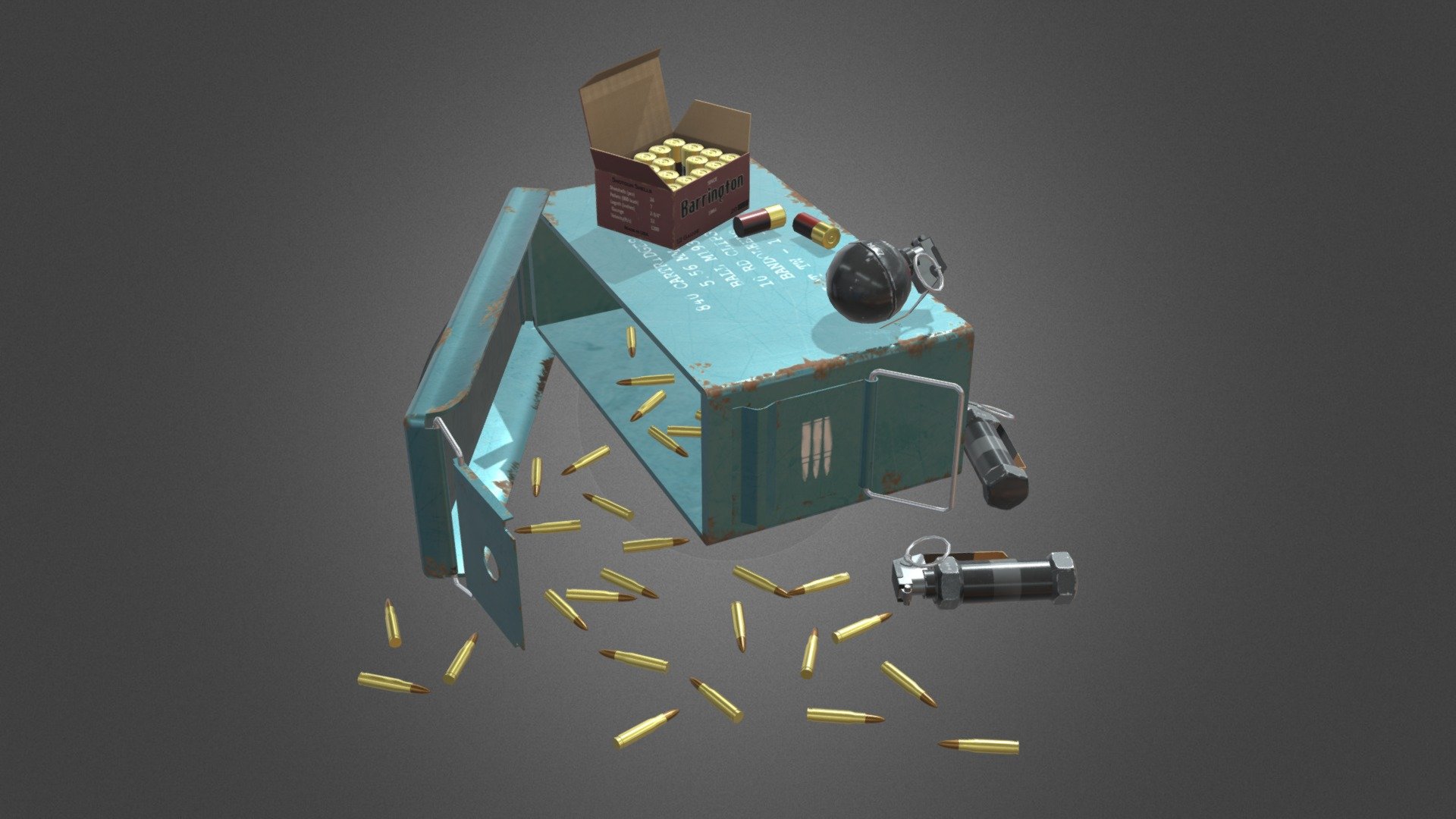 This is a little diarama I made which consists of an opened ammo crate spilling it's contents, a box of shotgun shells and some frag and stun grenades. Everything was made in Maya 2018. The textures were sourced from textures.com and then edited in Photoshop. The rust and edge ware was done by hand 3d model