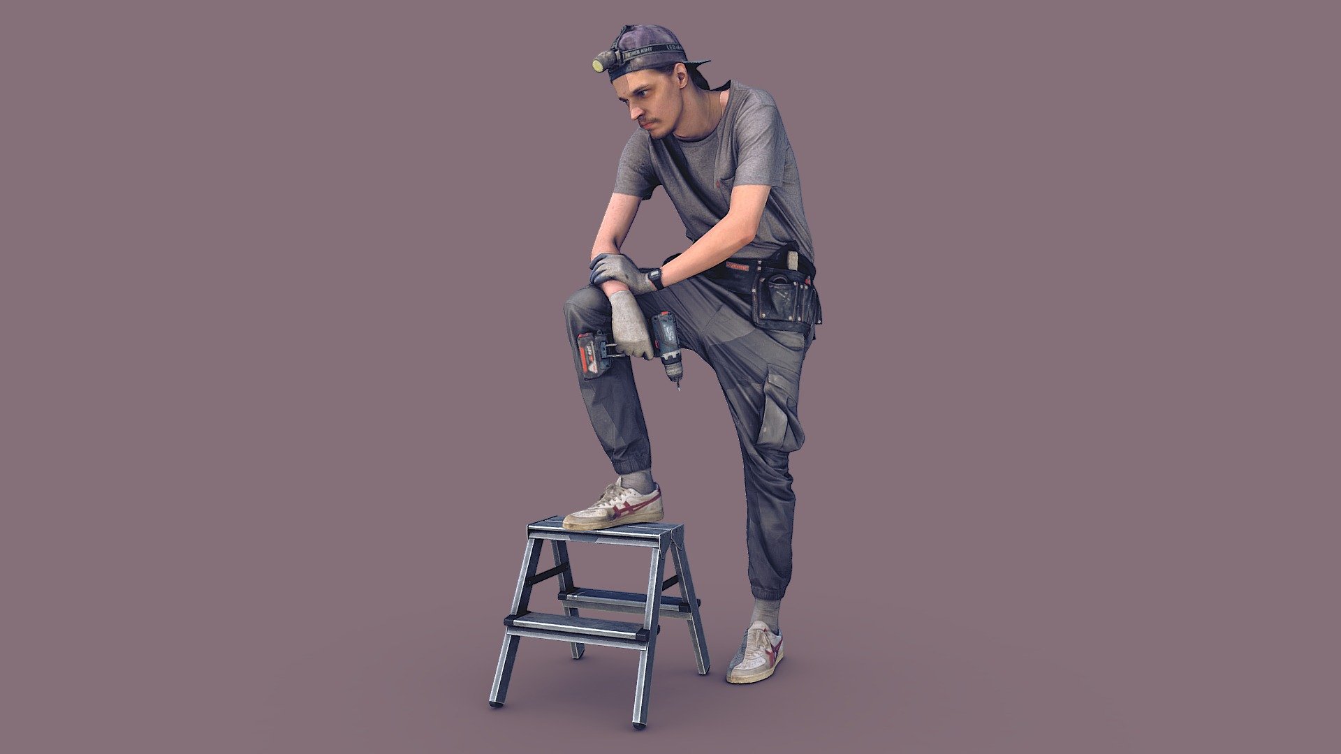 ✉️ A young man, a guy, a builder, a worker, in a construction uniform, in a cap with a head lamp, with tool belt bag, stands on a step, holds a construction tool in his hands, resting, thinking.

🦾 This model will be an excellent mid-range participant. It does not need to be very close and try to see the details, it reveals and demonstrates its texture as much as possible in case of a certain distance from the foreground.

⚙️ Photorealistic Construction Worker Character 3d model ready for Virtual Reality (VR), Augmented Reality (AR), games and other real-time apps. 
Suitable for the architectural visualization and another graphical projects. 
50 000 polygons per model 3d model