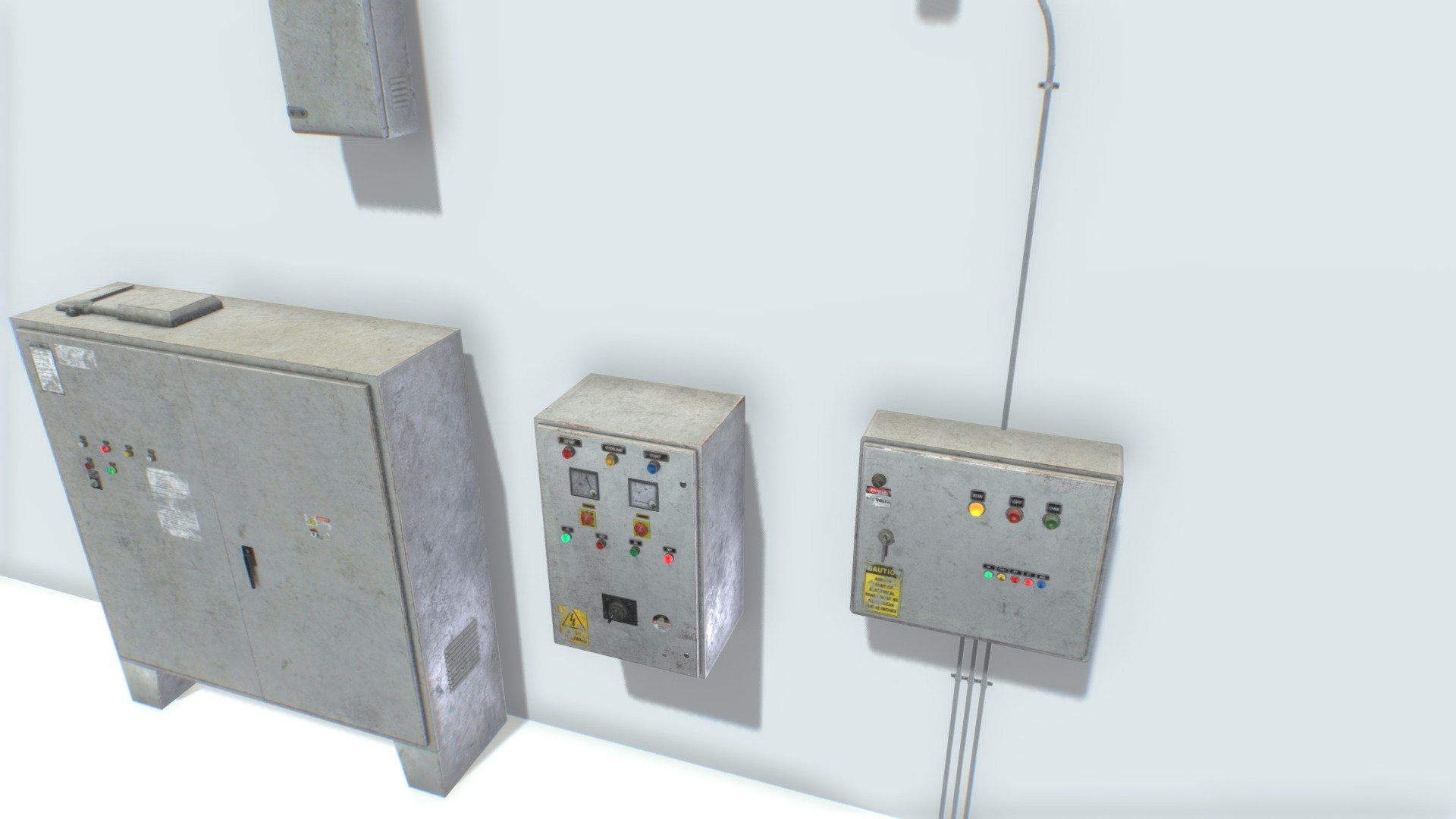Set of old and rusty control panels based in real ones. Real scale. Comes with 4096x PBR textures including Albedo, Normal, Emissive, Metalness, Roughness and AO. Emissive texture with some lights on.

4 control panels, 1 small electric box and electric tubes.

Panels comes with 2000 to 2800 tris. Total triangles 10000 3d model