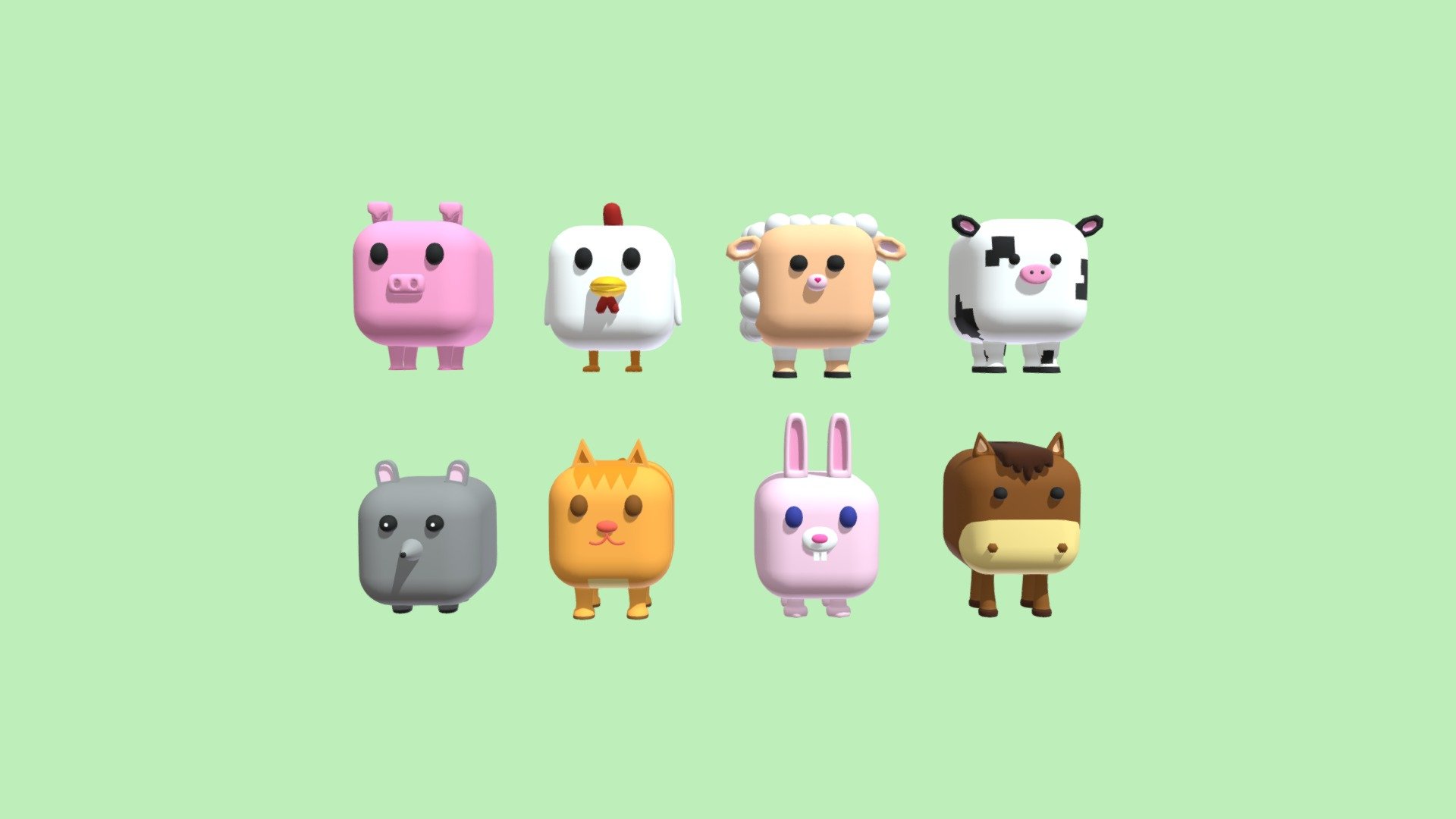 Hello! Cube Animals designed with Blender version 3.2.1. It can be used in games. You can create your own farm. From the left side; ;Pig, Chicken, Sheep, Cow, Mouse, Cat, Rabbit, Horse 3d model