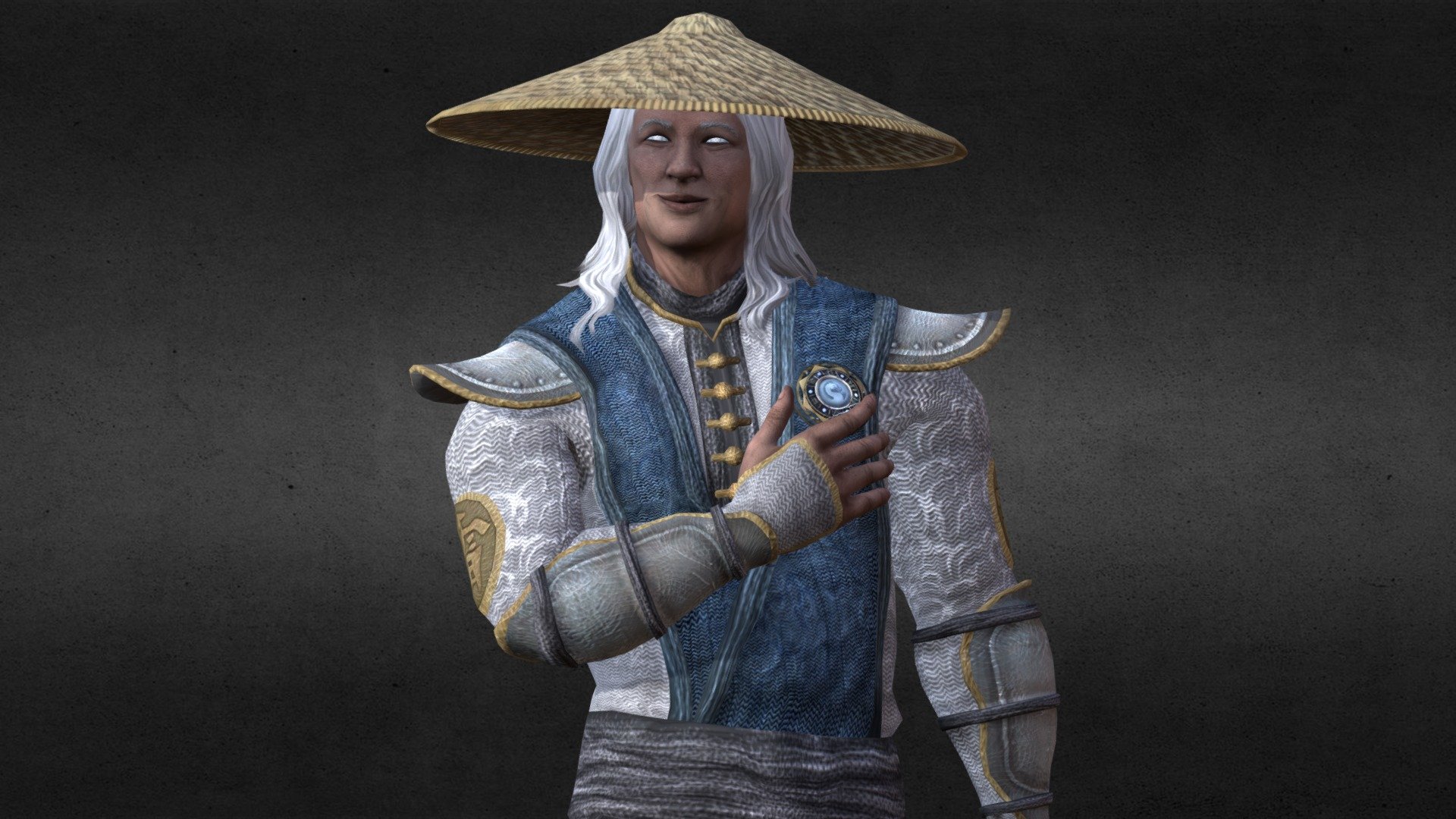 Raiden is a particularly unique and compelling character, and I wanted to give him a MK9 redesign that would really stand out while staying true to his MKX look. I might have worked with the MKX model itself, if not for the fact that the cowl on MK9 could be removed - so I did, and added hair according to his concept art. His outfit is much fancier now, suitable for godly attire.
Technical details:
-Face repainted and resculpted to look like MKX. Skin tone adjusted, stubble removed. Cowl removed by paint-work, hair rigged onto his head. Hands also repainted for detail/texture and to match his face.
-All outfit elements upgraded with surface details. Grey cloud pattern applied to white cloth areas, fabric texture added throughout. Cloth dynamics painted onto entire outfit. All metal areas now have an embossed surface.
-Model re-scaled to MKX proportions and height, armature adjusted to A-pose. Hat and amulet upgraded to HD textures as well, both removable 3d model