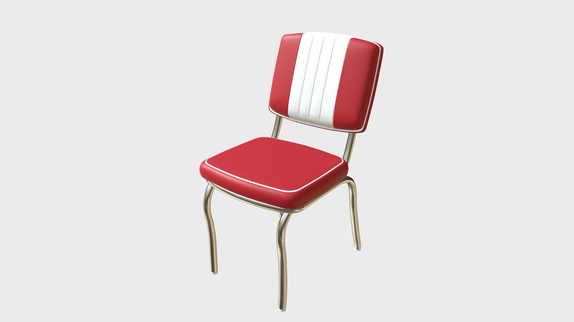 === The following description refers to the additional ZIP package provided with this model ===

Retro diner chair 3D Model, nr. 2 in my collection. Production-ready 3D Model, with PBR materials, textures, non overlapping UV Layout map provided in the package.

Quads only geometries (no tris/ngons).

Formats included: FBX, OBJ; scenes: BLEND (with Cycles / Eevee PBR Materials and Textures); other: 16-bit PNGs with Alpha.

1 Object (mesh), 1 PBR Material, UV unwrapped (non overlapping UV Layout map provided in the package); UV-mapped Textures.

UV Layout maps and Image Textures resolutions: 2048x2048; PBR Textures made with Substance Painter.

Polygonal, QUADS ONLY (no tris/ngons); 9840 vertices, 9832 quad faces (19664 tris).

Real world dimensions; scene scale units: cm in Blender 3.6.1 LTS (that is: Metric with 0.01 scale).

Uniform scale object (scale applied in Blender 3.6.1 LTS) 3d model