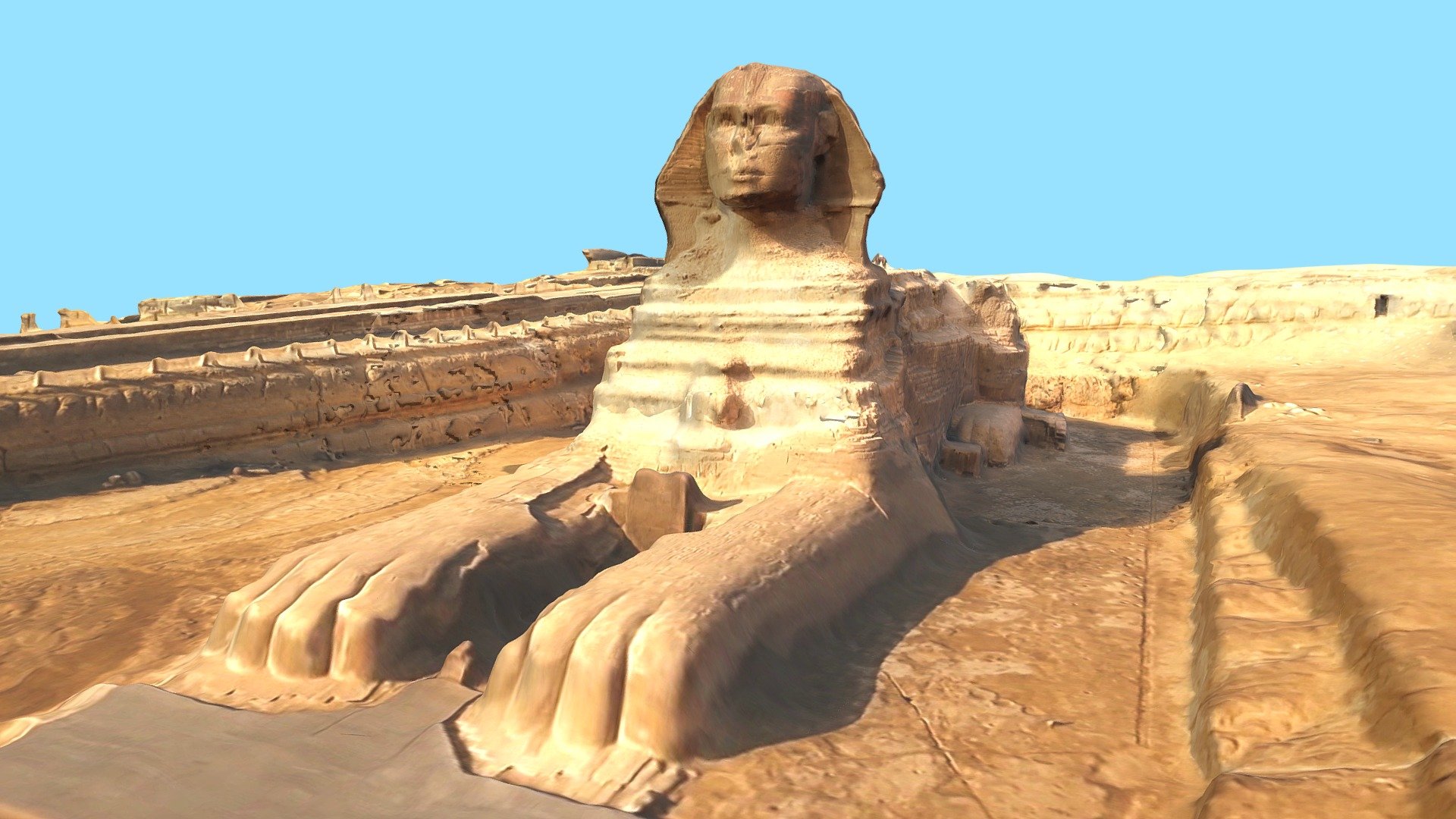 The Great Sphinx of Giza is a limestone statue of a reclining sphinx, a mythical creature with the head of a human, and the body of a lion. Facing directly from west to east, it stands on the Giza Plateau on the west bank of the Nile in Giza, Egypt. The face of the Sphinx appears to represent the pharaoh Khafre.

The original shape of the Sphinx was cut from the bedrock, and has since been restored with layers of limestone blocks. It measures 73 m (240 ft) long from paw to tail, 20 m (66 ft) high from the base to the top of the head and 19 m (62 ft) wide at its rear haunches. Its nose was broken off for unknown reasons between the 3rd and 10th centuries AD.

The Sphinx is the oldest known monumental sculpture in Egypt and one of the most recognisable statues in the world. The archaeological evidence suggests that it was created by ancient Egyptians of the Old Kingdom during the reign of Khafre (c. 2558–2532 BC).
Source: Wikipedia.org - Great Sphinx of Giza ابو الهول Cairo, Egypt - Buy Royalty Free 3D model by LibanCiel 3d model