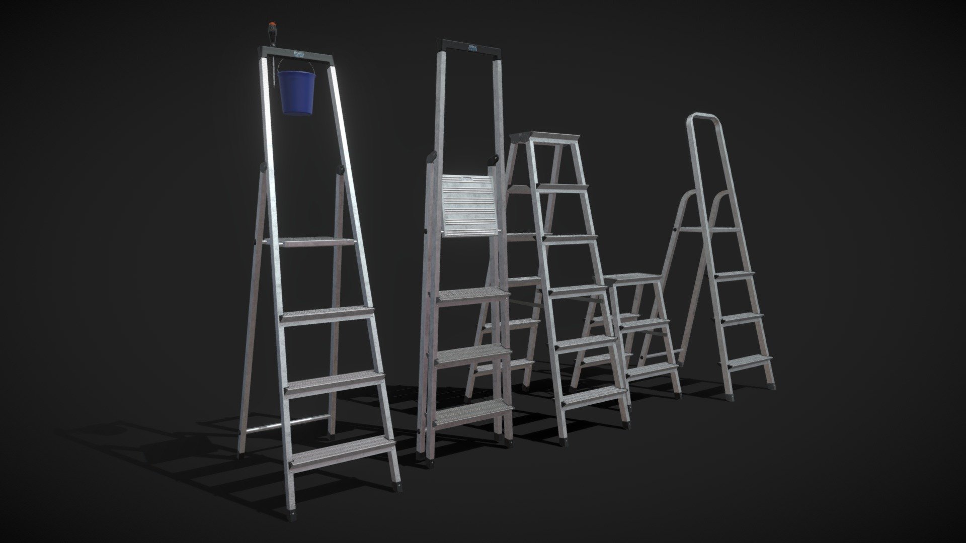 Step ladders set KRAUSE.

This set:




1 file obj standard

1 file 3ds Max 2013 vray material

1 file 3ds Max 2013 corona material

1 file 3ds Max 2013 standard material

1 file of 3Ds

1 file blender.

Topology of geometry:




forms and proportions of The 3D model

the geometry of the model was created very neatly

there are no many-sided polygons

detailed enough for close-up renders

the model optimized for turbosmooth modifier

Not collapsed the turbosmooth modified

apply the Smooth modifier with a parameter to get the desired level of detail

Materials and Textures:




3ds max files included Vray-Shaders

3ds max files included Corona-Shaders

3ds max files included Standard

file blender full set of materials

all texture paths are cleared

Organization of scene:




to all objects and materials

real world size (system units - mm)

coordinates of location of the model in space (x0, y0, z0)

does not contain extraneous or hidden objects (lights, cameras, shapes etc.)
 - Step ladders set KRAUSE - Buy Royalty Free 3D model by madMIX 3d model