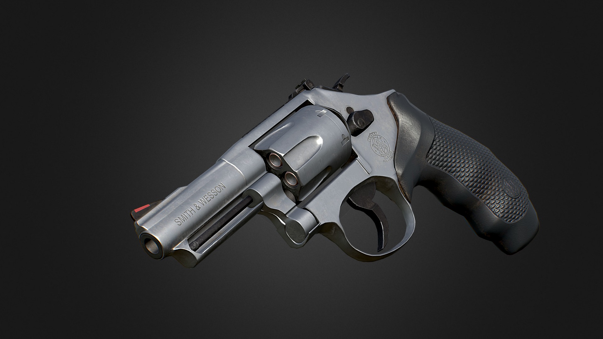 Here's my latest project, a Smith &amp; Wesson 66-8 .357 Revolver. This has a good amount of parts to it, so to have everything bake out right I had to bake by mesh name. I learned two things - that baking by mesh name is case sensitive, and trying to use an .fbx before it's fully exported just doesn't work. It corrupts your exported file. Just so you know.

With the textures, I used a combination of materials and masks to mimic dirt, grime, and soot from repeated use. I had to make about 7 alphas for all the height details.

I had to adjust some materials so it'd read better as metal instead of stone, as well as adjusting the damage information and swapping out some normals that I wasn't satisfied with. Time to call this model finished for now. I learned quite a bit from making this thing, time to apply what I know now to something new 3d model
