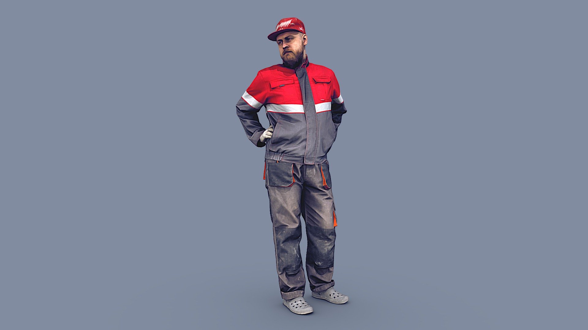 ✉️ A young man, a bald guy with a beard in a cap, in a construction uniform, overalls, stands, rests from work, during a break, stretches his back, looks to the side.

🦾 This model will be an excellent mid-range participant. It does not need to be very close and try to see the details, it reveals and demonstrates its texture as much as possible in case of a certain distance from the foreground.

⚙️ Photorealistic Construction Worker Character 3d model ready for Virtual Reality (VR), Augmented Reality (AR), games and other real-time apps. Suitable for the architectural visualization and another graphical projects. 50 000 polygons per model 3d model